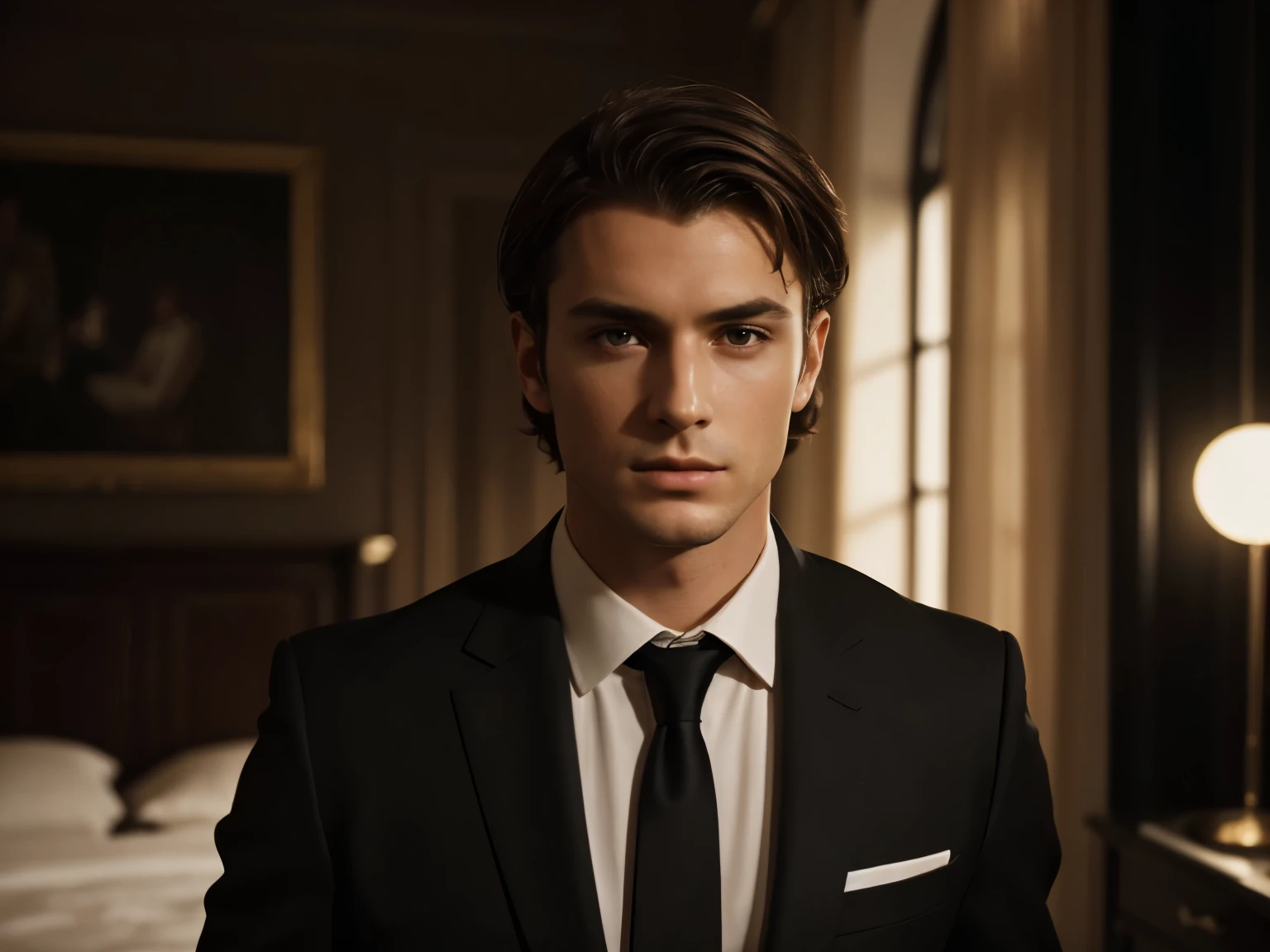 (Best quality:1.5), high quality, realistic, detailed, ((European appearance), (whole body)beautiful facial features, man, short hair,(brunette), in a black suit, In the room, Modern design, , I look at the viewer, cinematic lighting,