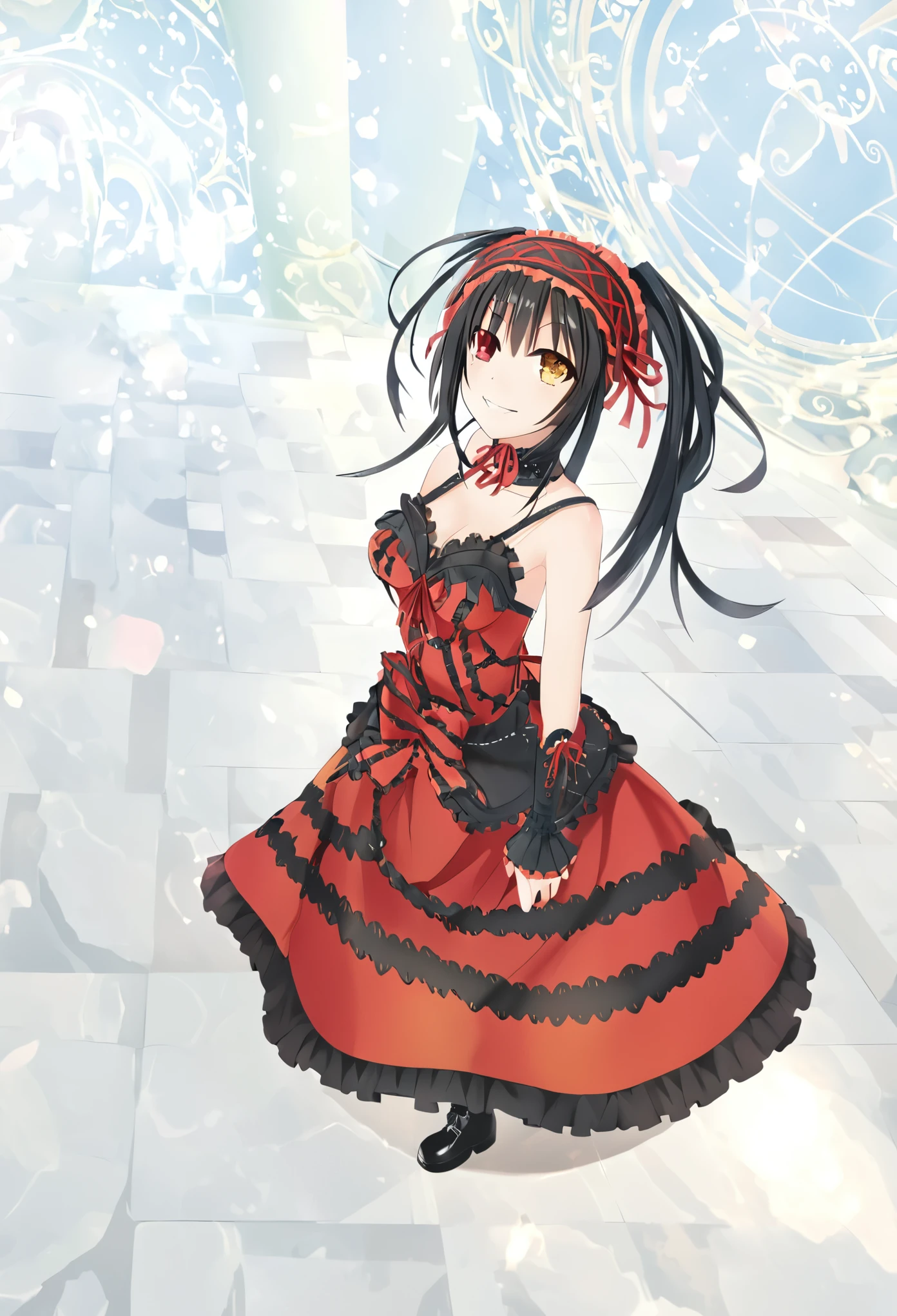 Kurumi Tokisaki, kurumi dress, KurumiBase, detached sleeves, frilled choker, 4k, kkkrumi\(double ponytail\), kkkrumi2Z\(hair over one eye\), kkkrumi\(gothic clothing\) , kkkrumi\(Hair Accessories\) , dress folds, Evil smile,, higher angle, perspective, foreshortening, looking up, full body, full shot, dinamic pose, extremely detailed, clean lineart, neat, different red left eye and golden right eye, long hair, twin-tails, black hair, red and black ****ta dress, long black boots, black stockings, black garter belt), 1girl, tokisaki_kurumi, solo, twintails, breasts, clock_eyes, long_hair, black_hair, yellow_eyes, red_eyes, heterochromia, , hairband, ****ta_fashion, ****ta_hairband, symbol-shaped_pupils, floating_hair, collarbone, choker, ribbon, bare_shoulders, red_ribbon, dress