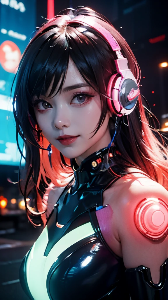 1 girl, Chinese_clothes, white and orange, cyberhan, cheongsam, cyberpunk city, dynamic pose, glowing headphones, glowing hair accessories, long hair, glowing earrings, glowing necklace, cyberpunk, high-tech city, full of mechanical and futuristic elements, futuristic, technology, glowing neon, orange, orange light, transparent tulle, transparent streamers, laser, digital background urban sky, big moon, with vehicles, best quality, masterpiece, 8K, character edge light, super high detail, High quality, the most beautiful woman in man, smiling slightly