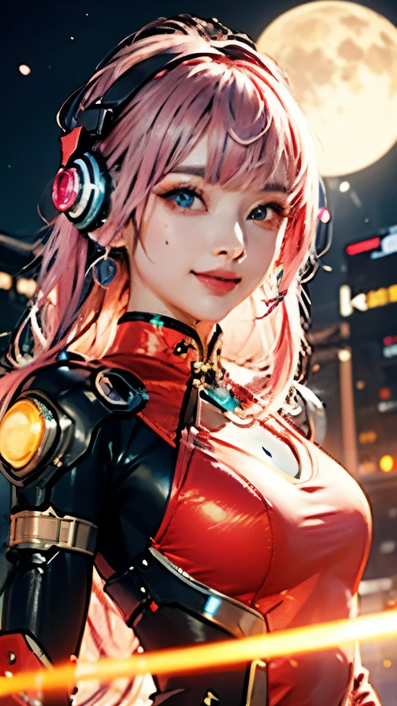 1 girl, Chinese_clothes, white and orange, cyberhan, cheongsam, cyberpunk city, dynamic pose, glowing headphones, glowing hair accessories, long hair, glowing earrings, glowing necklace, cyberpunk, high-tech city, full of mechanical and futuristic elements, futuristic, technology, glowing neon, orange, orange light, transparent tulle, transparent streamers, laser, digital background urban sky, big moon, with vehicles, best quality, masterpiece, 8K, character edge light, super high detail, High quality, the most beautiful woman in man, smiling slightly