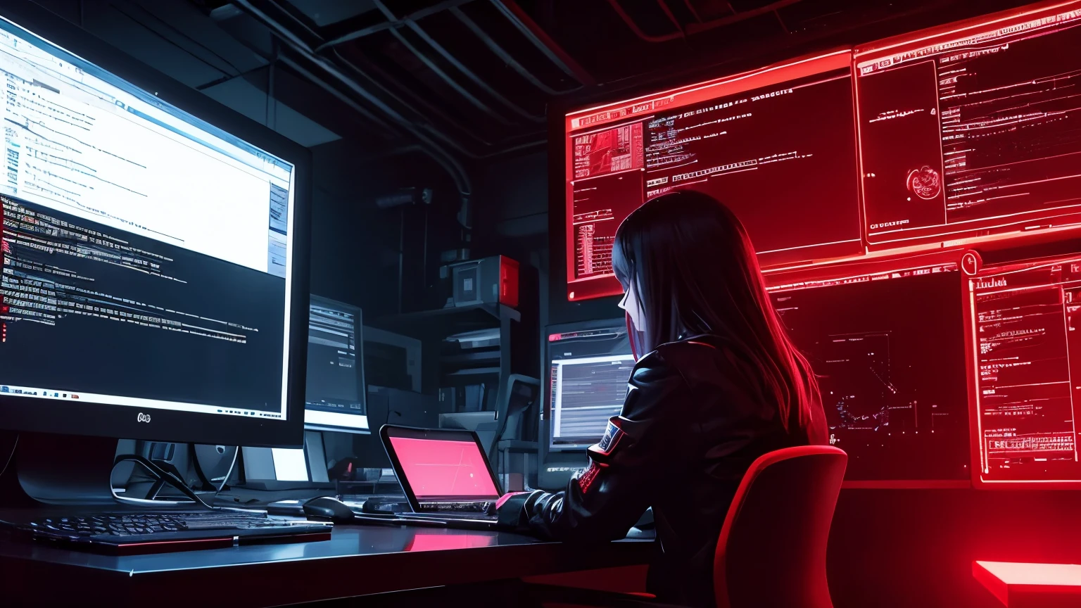 CODing, HACKing,multimedia,caos IT blackground, Red neon light, dark tone, software,Computer Science , Scifi, Dark fantasy style, Red neon, dark tone, software