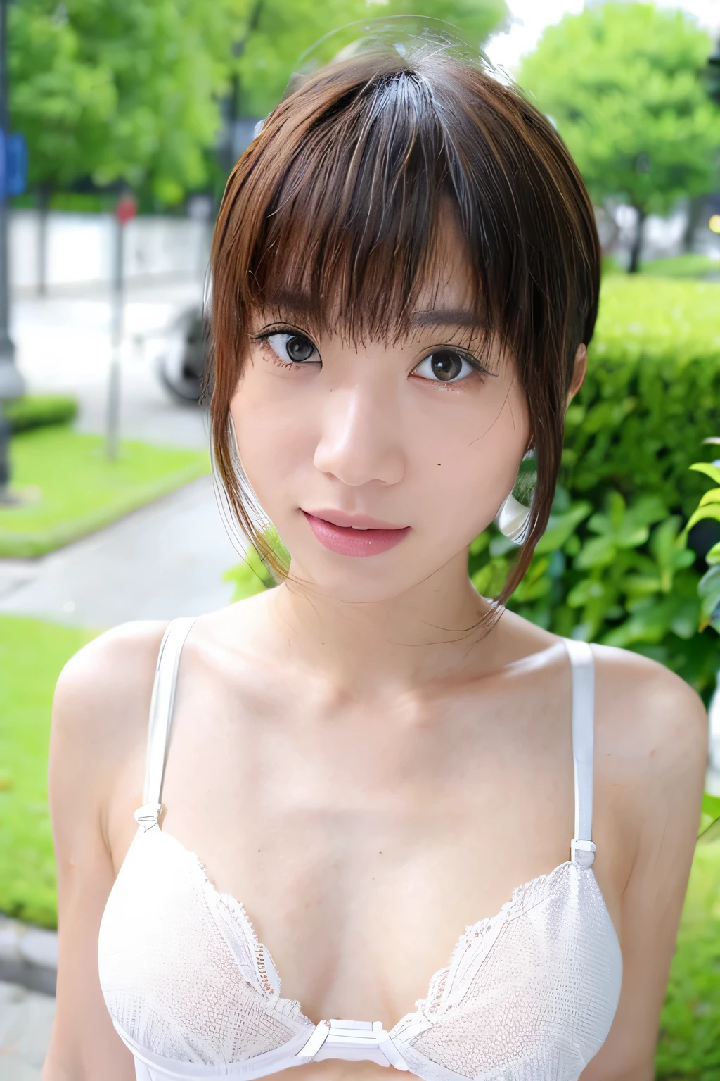 NSFW:1.5,((highest quality、8K resolution、master masterpiece、portrait:1.3)), Photoreal, 35mm film, 1 Japanese female, Upper body,Beautiful woman, on the street during the day, wrinkles around the eyes, plump body,smile,boyish_short hair、((Simple white bra_panties:1.3)) , (outdoor:city street 1.3), jumbled background,look at the audience,Tokyo cityscape:1.3、open your mouth