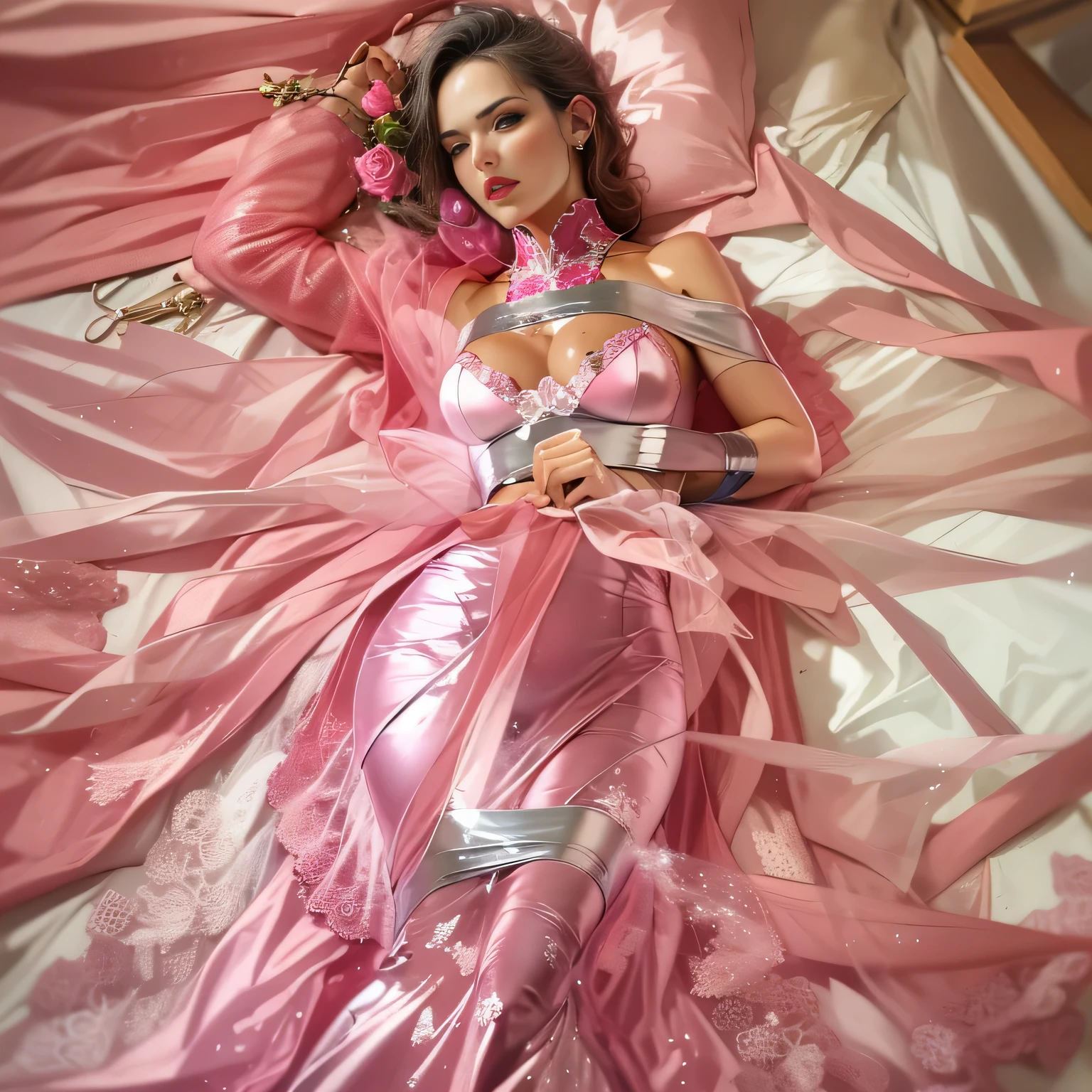Beautiful woman in vey long translucent pink satin dress ,tape bondage