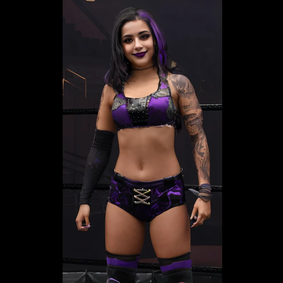 Hispanic punk female wrestler, with black and white bra that says Romero, black and white elbow pads, leather gloves, brown and black pants with a leather belts, Mohawk hairstyle, photo realistic, intricate details