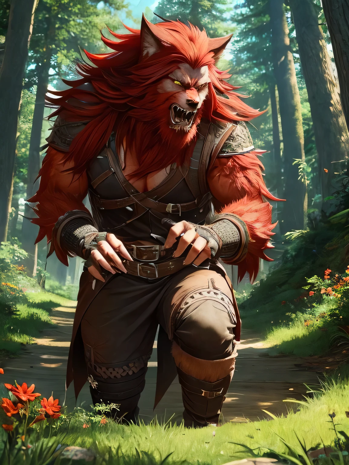 male, red hair, beard, wolf ears, bright eyes, claws, sharp teeth, forest path, fantasy setting