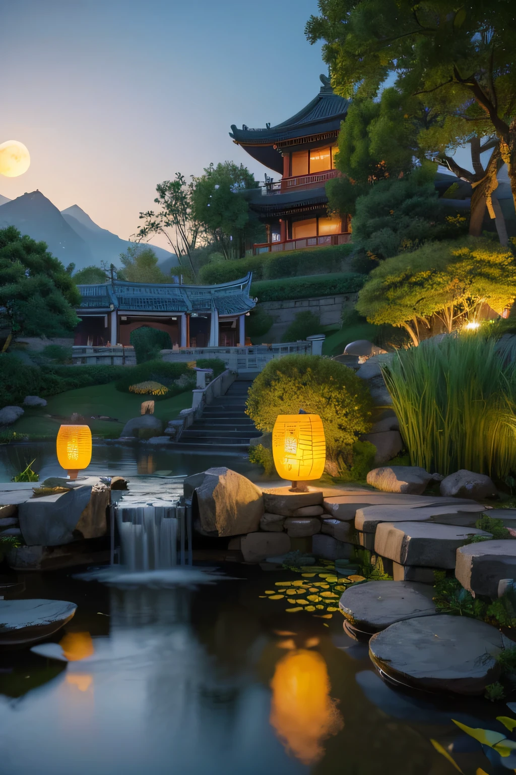 Ancient Chinese architecture, moon, midnight, garden, bamboo, lake, stone bridge, rockery, arch, corner, Tree, tap water, landscape, outdoor, fall, Grass, rock, lotus, hot spring, water vapor, (illustration: 1.0), epic work, Realistic lighting, HD details, masterpiece, best quality, (Very detailed CG Unity 8k) - 6 o'clock'bell