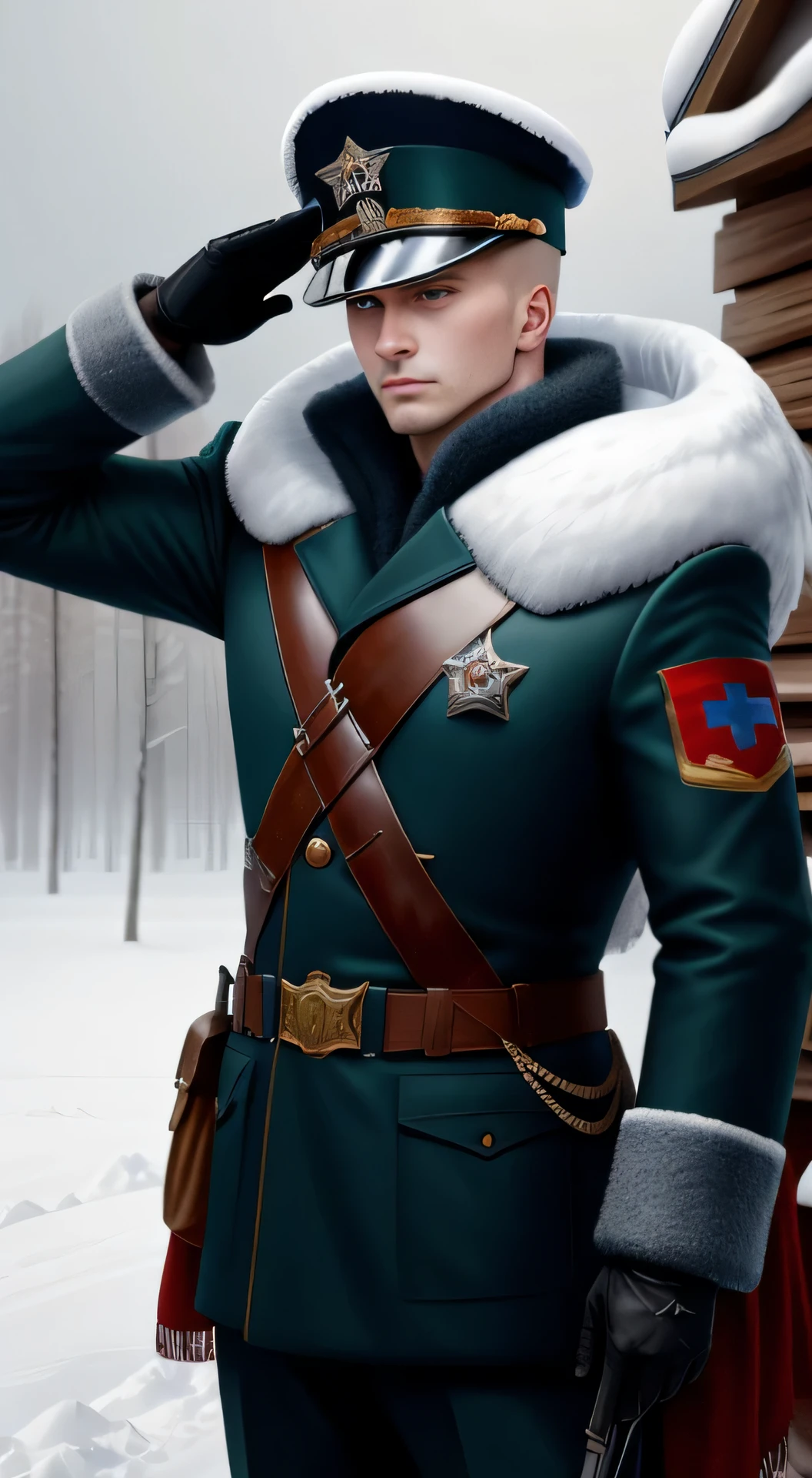 (4K ultra high definition): Experience the crispness and detail of a winter scene like never before, as you behold a Russian soldier standing tall against the backdrop of a snow storm. Dressed in his best winter gear, he dons a fur-lined hat and sunglasses to shield his eyes from the cold and blinding snowfall. With an expression of determination, he raises his hand in a soldier's salute, his eyes locked onto yours with a penetrating gaze.

(Best quality): A portrait of elegance and strength, the image captures the stunning beauty of the Russian winter landscape. In the midst of this winter wonderland stands a valiant soldier, his uniform pristine and imm