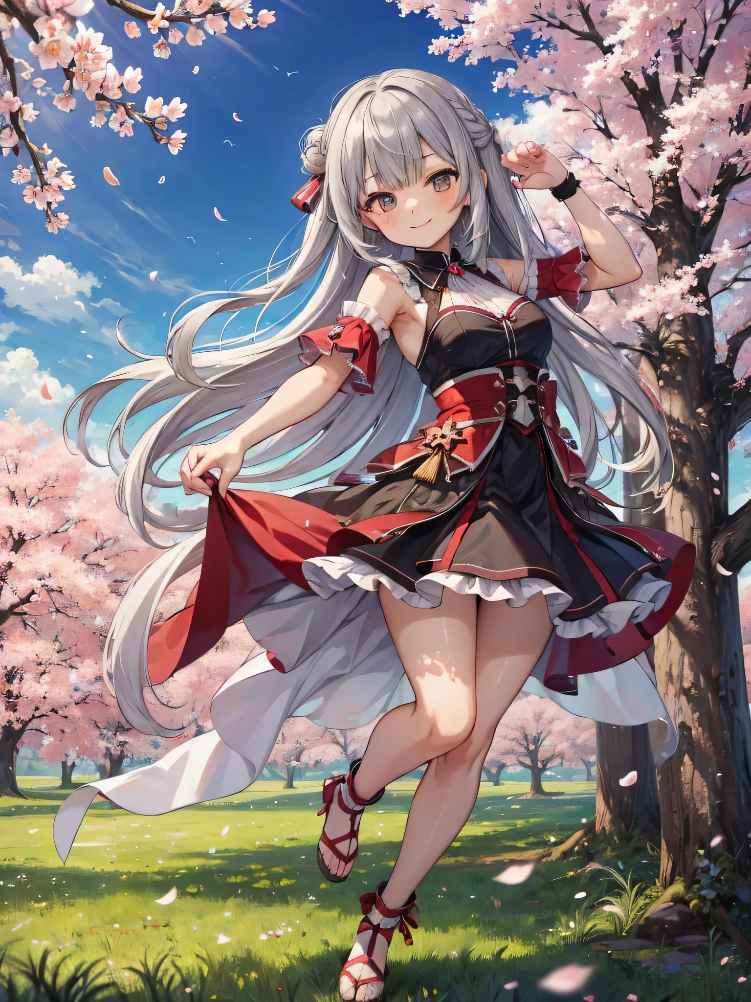 High resolution　high quality　gray hair　long hair　cheeks are red　smile　Show from head to thigh　small breasts　small ass　thin legs　Near the cherry blossoms　Cherry blossom petals are dancing　blue sky