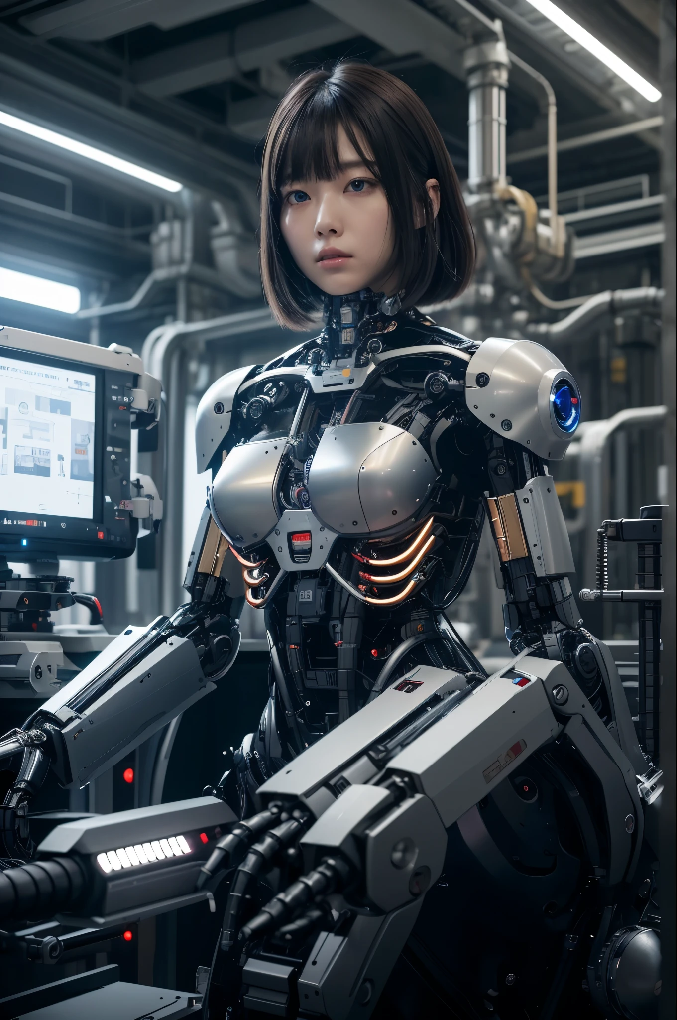 masterpiece, best quality, extremely detailed, Japaese android girl,Plump ,control panels,android,Droid,Mechanical Hand, Robot arms and legs,Blunt bangs,perfect robot girl,long tube,thick cable connected her neck,android,robot,humanoid,cyborg,japanese cyborg girl ,robot-assembly plant,She has assembled now,assembly scene,chest monitor,blue eyes