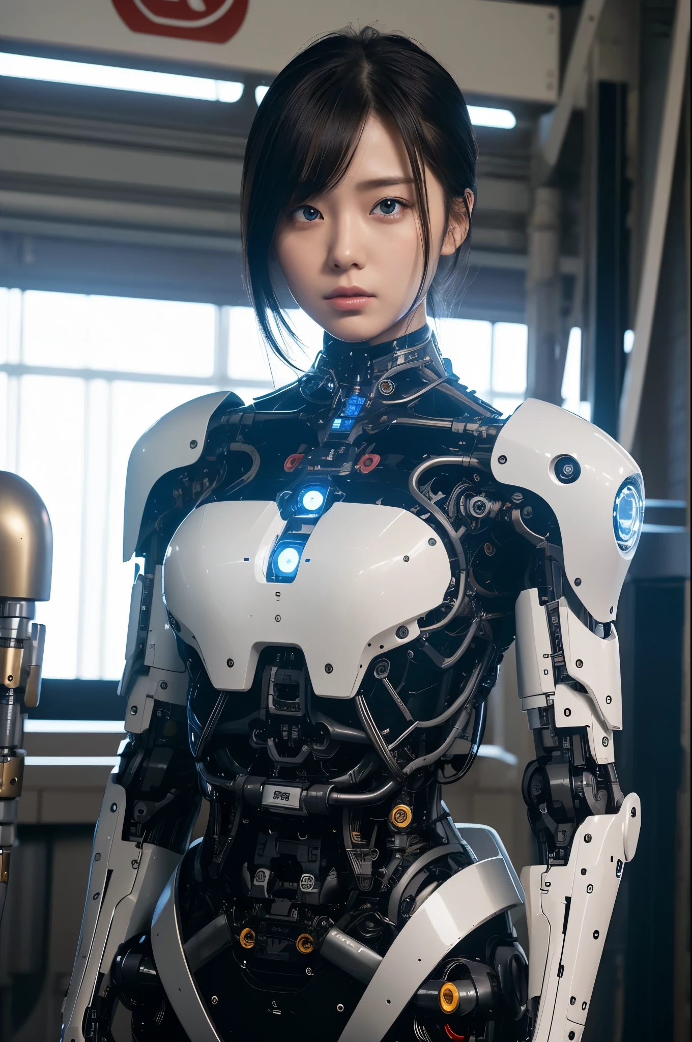 masterpiece, best quality, extremely detailed,8k portrait,Japaese android girl,Plump , control panels,android,Droid,Mechanical Hand, Robot arms and legs, Black hair,Blunt bangs,perfect robot girl,long tube,thick cable connected her neck,android,robot,humanoid,cyborg,japanese cyborg girl ,robot-embly plant,She has assled now,assembscene,white robot body,blue eyes,