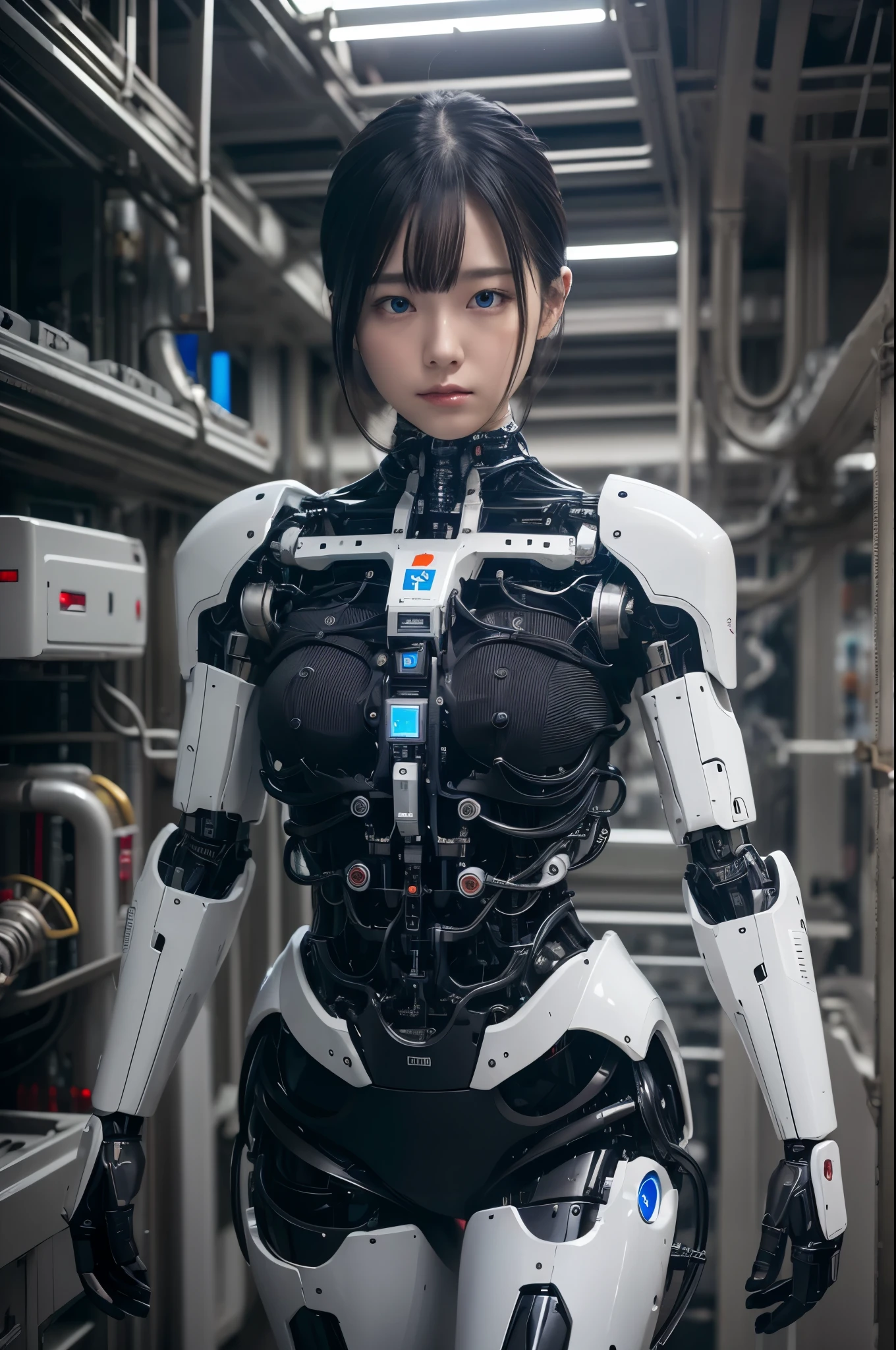 masterpiece, best quality, extremely detailed,8k portrait,Japaese android girl,Plump , control panels,android,Droid,Mechanical Hand, Robot arms and legs, Black hair,Blunt bangs,perfect robot girl,long tube,thick cable connected her neck,android,robot,humanoid,cyborg,japanese cyborg girl ,robot-assembly plant,She has assembled now,assembly scene,white robot body,blue eyes, 