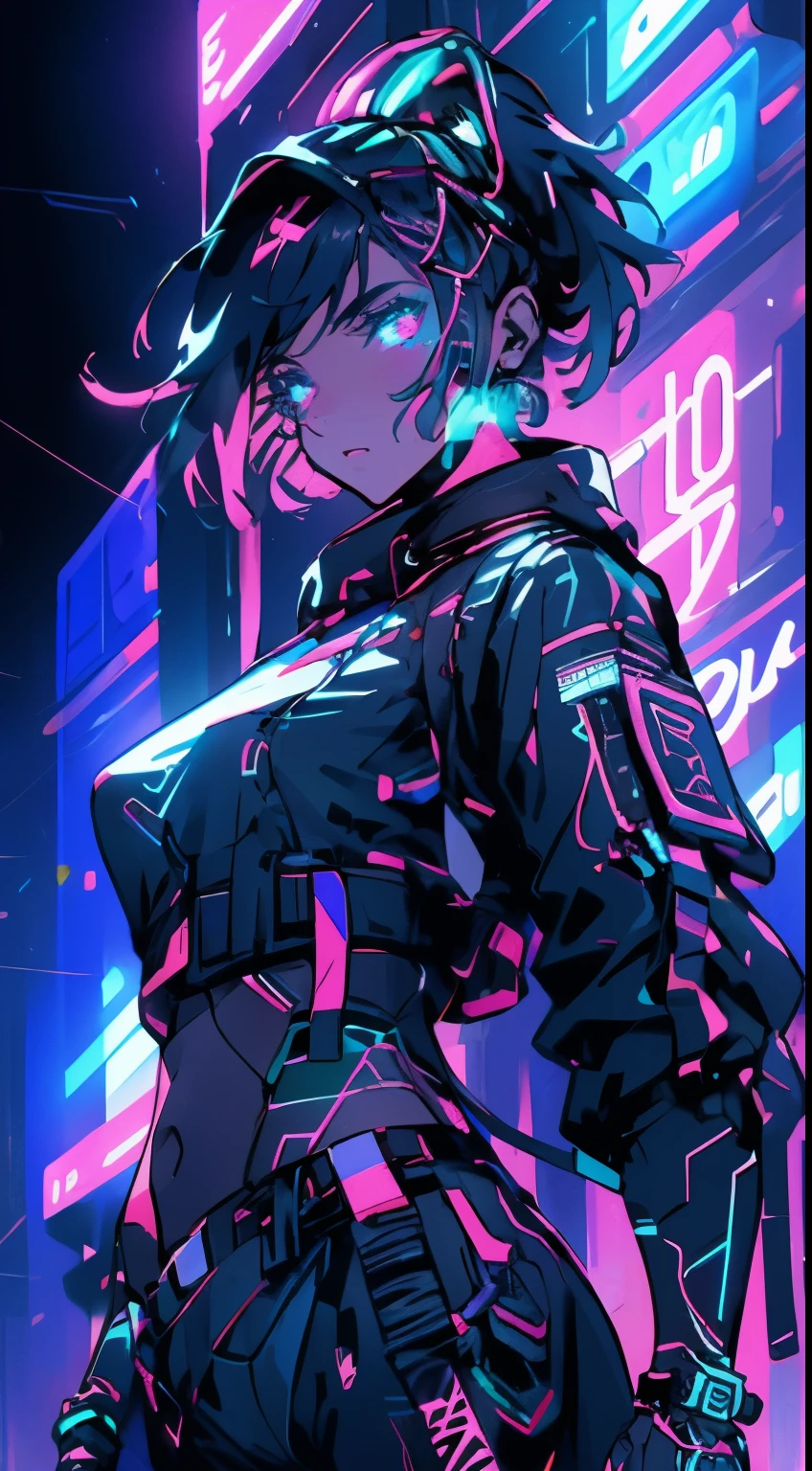 with high definition imageasterpiece, best quality, ultra-detailed, ultra-high res, intricately textured), ((cyberpunk, neon lights, sleek lines, futuristic scene)), ((flat color, minimalistic, geometric shapes, bold outlines)), (1 girl, solo, upper body, pilot pose), pilot helmet with tinted visor, pilot jacket with reflective stripes, looking directly at the viewer with a confident expression, surrounded by a colorful, high-contrast background, contrasting neon lights illuminating the dark scene, cowboy shot capturing her determination and focus.