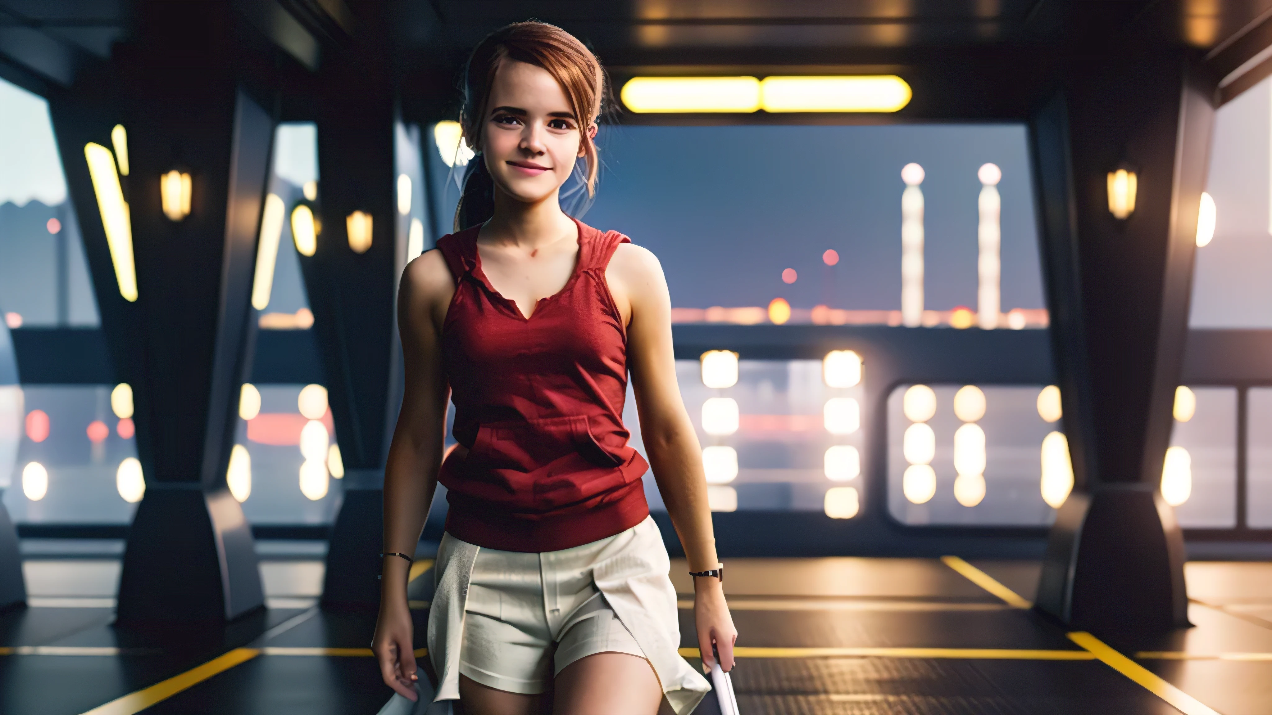 A girl in a dark hoodie, green tank top, sci-fi environment, star citizen, on an open platform in the late evening, facing the viewer, seductive smile, waving to greet the viewer, cute, small, girl, brown hair, emwts, ponytail, short grey socks, white pump action boots, full body, flat chest, red sky, emwts