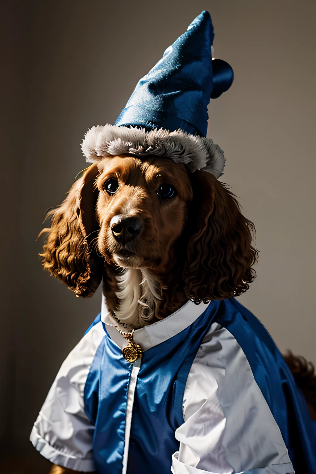 realistic portrait of a poodle dog wearing a wizard hat