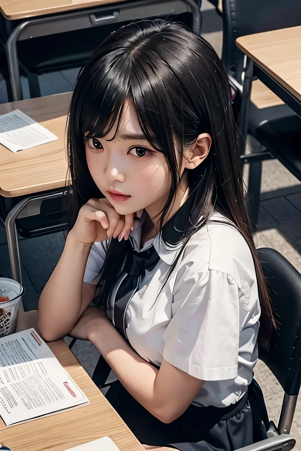 hyper detail，High resolution，hyper detail，best quality，，highest quality，cinematic lighting，quiet classroom，1 girl studying，the phone rang，Seen by classmates around you，turn off your mobile phone、look down to study，classroom，sit on a chair