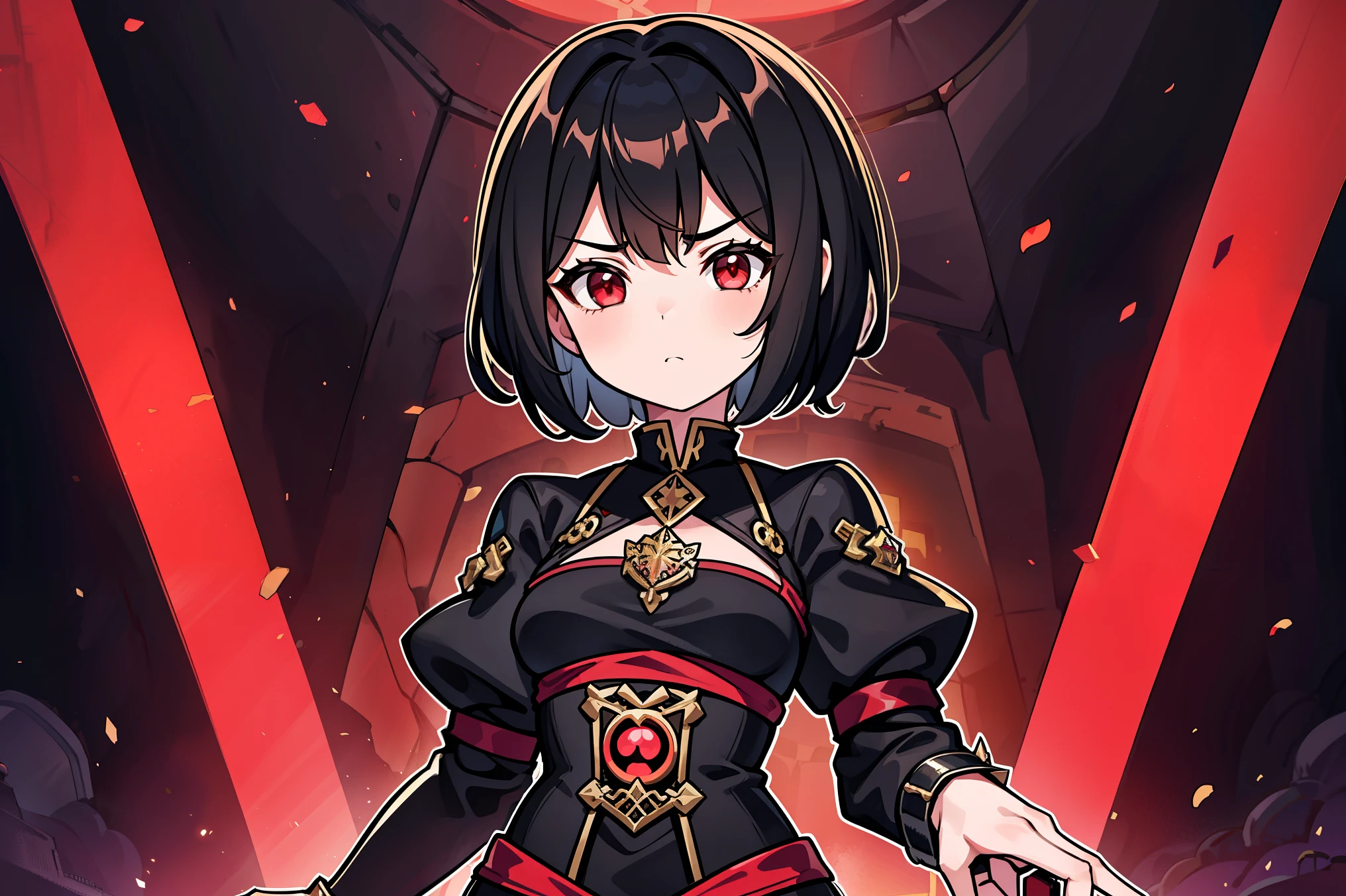 young ???, ((girl)), 8 year old ???, short black spiky hair. red eyes. (black royal outfit), skimpy, small breasts, (inside dungeon), standing, up close, Very good figure, extremely detailed, cinematic lighting, volume lighting, masterpiece, best quality