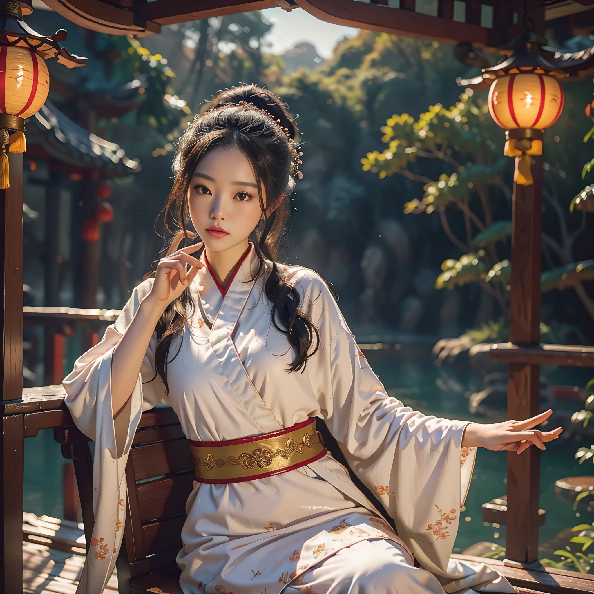 In the heart of ancient China, There are exquisite beauty and amazing sights.. lonely girl, cutely decorated, high-quality features, caught in the back of the frame. The atmosphere is determined by the movie., ultra high resolution, octane rendering, Uncover all complexities and details. she is sitting on a traditional chinese chair, wrapped in soft, feiyufu robe, The color stands out against the background of a calm atmosphere., historic environment. The girl has an introspective look, her eyes are half closed、It was full of surprises, as if lost in thought. The scene exudes tranquility, Otherworldly atmosphere,
