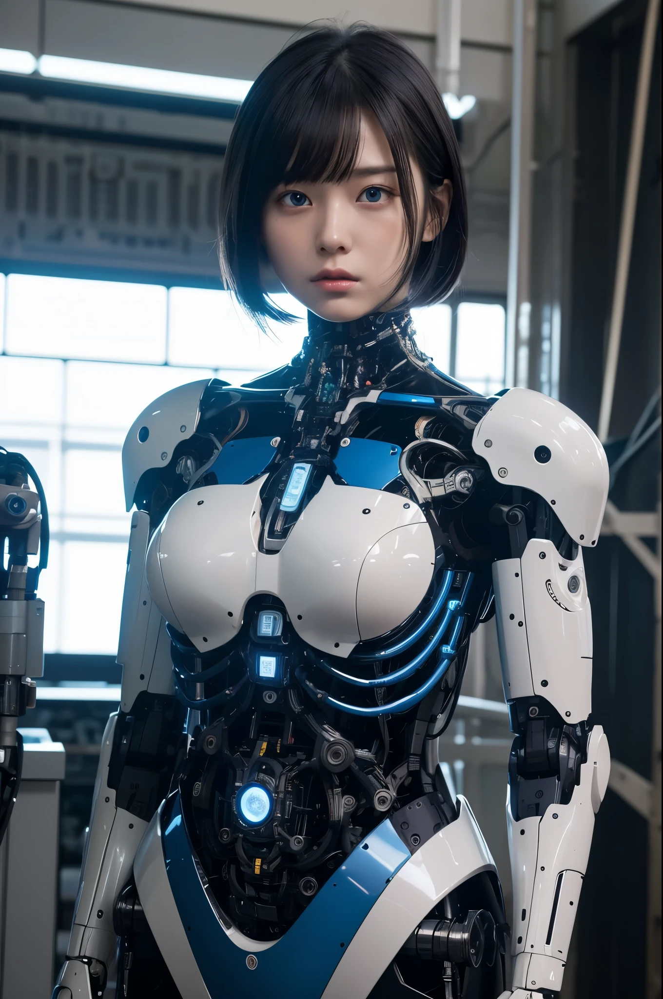 masterpiece, best quality, extremely detailed,8k portrait,Japaese android girl,Plump , control panels,android,Droid,Mechanical Hand, Robot arms and legs, Black hair,Blunt bangs,perfect robot girl,long tube,thick cable connected her neck,android,robot,humanoid,cyborg,japanese cyborg girl ,robot-assembly plant,She has assembled now,assembly scene,white robot body,blue eyes, 