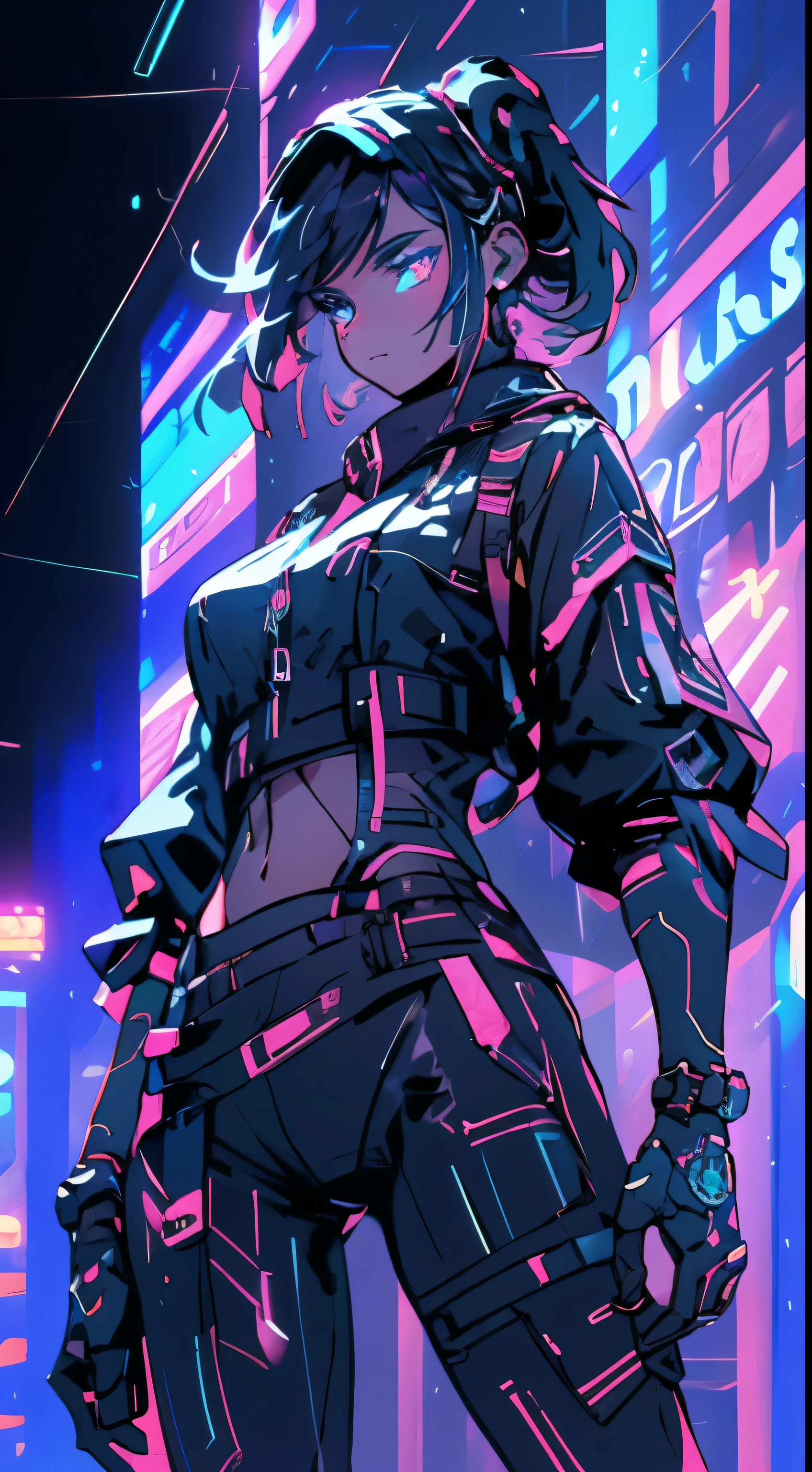 with high definition imageasterpiece, best quality, ultra-detailed, ultra-high res, intricately textured), ((cyberpunk, neon lights, sleek lines, futuristic scene)), ((flat color, minimalistic, geometric shapes, bold outlines)), (1 girl, solo, upper body, pilot pose), pilot helmet with tinted visor, pilot jacket with reflective stripes, looking directly at the viewer with a confident expression, surrounded by a colorful, high-contrast background, contrasting neon lights illuminating the dark scene, cowboy shot capturing her determination and focus.