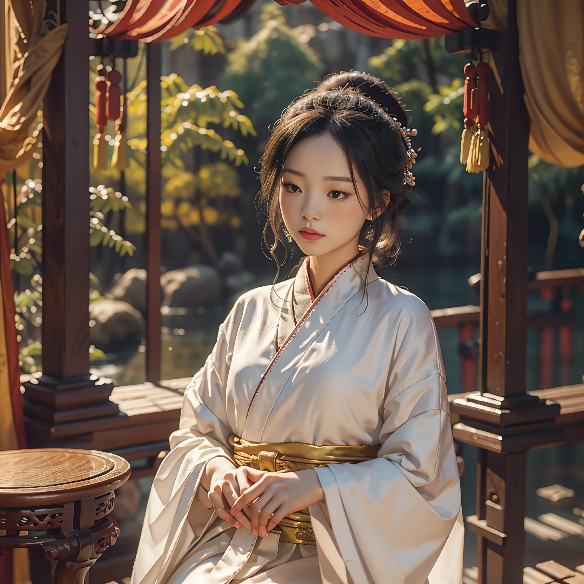 In the heart of ancient China, There are exquisite beauty and amazing sights.. lonely girl, cutely decorated, high-quality features, caught in the back of the frame. The atmosphere is determined by the movie., ultra high resolution, octane rendering, Uncover all complexities and details. she is sitting on a traditional chinese chair, wrapped in soft, feiyufu robe, The color stands out against the background of a calm atmosphere., historic environment. The girl has an introspective look, her eyes are half closed、It was full of surprises, as if lost in thought. The scene exudes tranquility, Otherworldly atmosphere,
