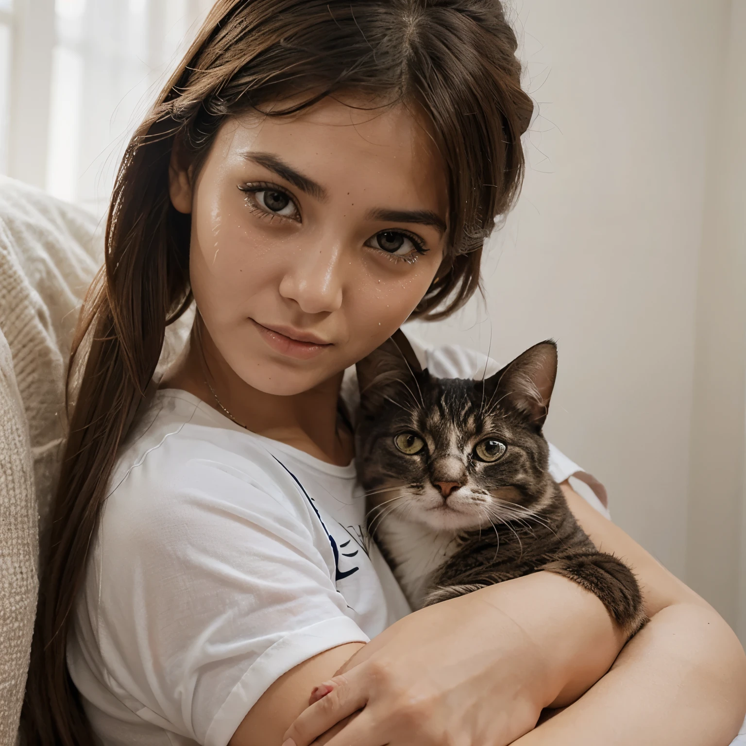 araffe and white cat sitting on a Miss's lap on a couch, Holding a kitten in his arms, Charming cat girl, Very beautiful and cute cat girl, She holds a cat in her arms, , Miss / Cat hybrid breeds,, Miss and cat