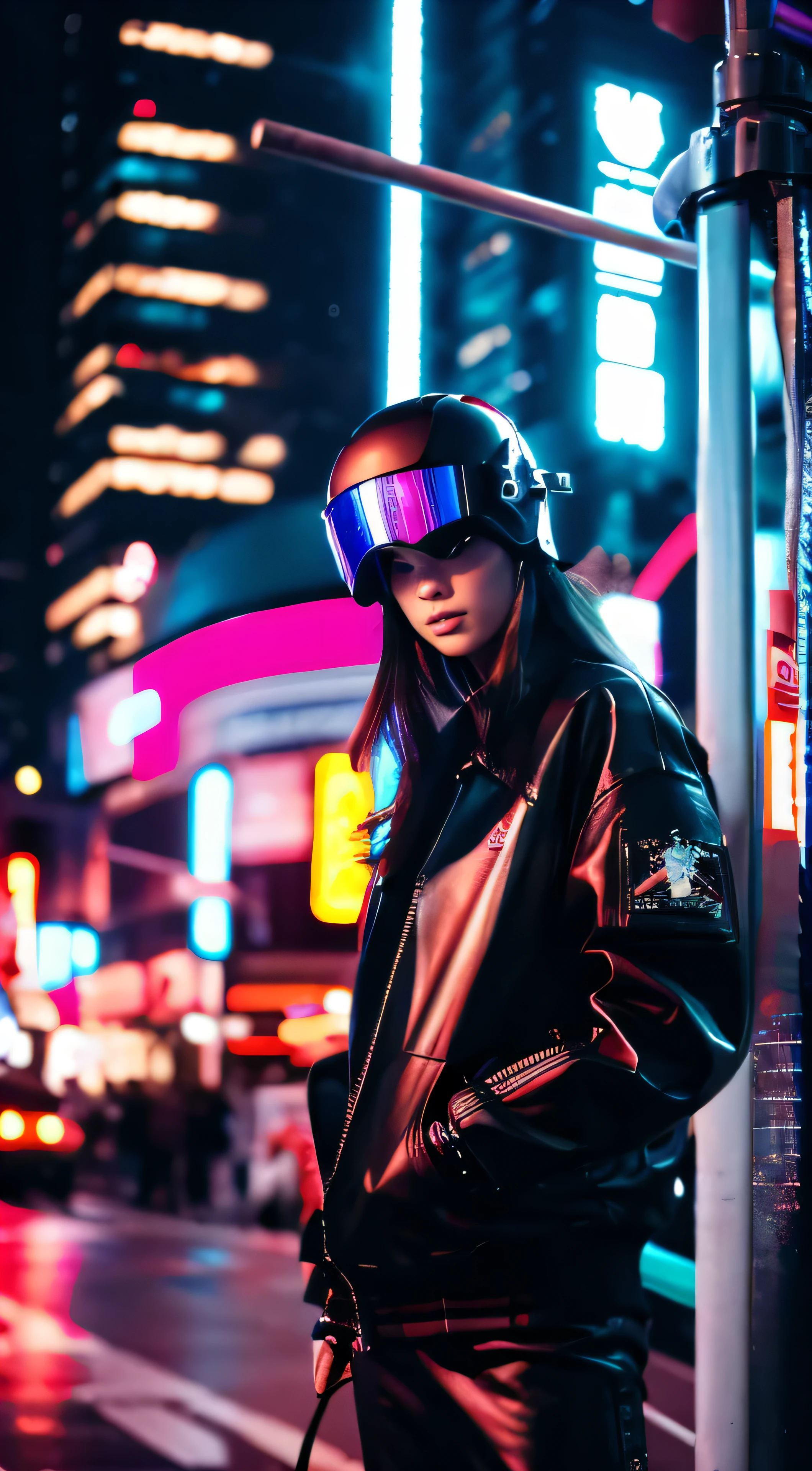 (masterpiece,best quality,ultra detailed,ultra high res,detailed background),((cyberpunk)),((flat color)),((colorful)),(1girl),pilot,pilot helmet,pilot jacket,looking at viewer,solo,upper body,colored background,high contrast,contrasting colors,cowboy shot,
