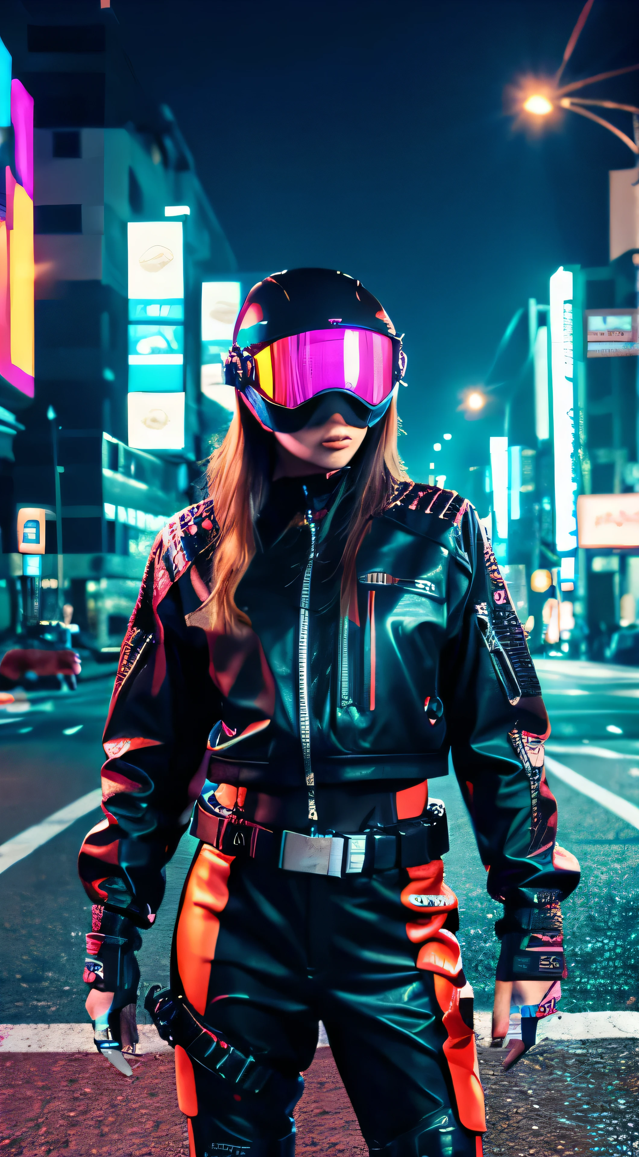 (masterpiece,best quality,ultra detailed,ultra high res,detailed background),((cyberpunk)),((flat color)),((colorful)),(1girl),pilot,pilot helmet,pilot jacket,looking at viewer,solo,upper body,colored background,high contrast,contrasting colors,cowboy shot,