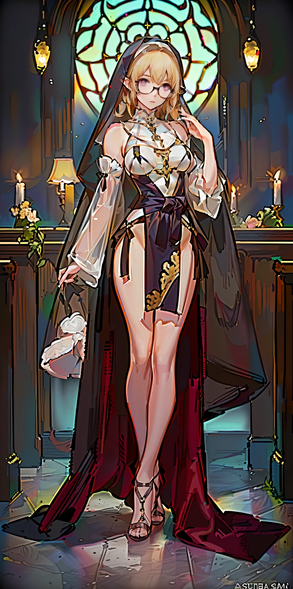 by oda non by yogisya, a very skinny girl, cathedral, Nun, Tunic, Veil, Habit, robe, blonde hair, sexy, purple eyes, fox ears, fox tails, glasses, detailed background, complex background, twilight, soft lighting, masterpiece, best quality, high quality, highres, very detailed, high resolution, sharp, sharp image, 8k, vivid, colorful, stunning, anime, aesthetic, skinny, full body, full-body_portrait, (purple eyes), big tits, big_breasts, chocker, (((blonde hair))), (((glasses))), (((purple eyes))), csr style, Thin Waist, skinny, Anigame, high heels, praying, church, catholic, religion, 