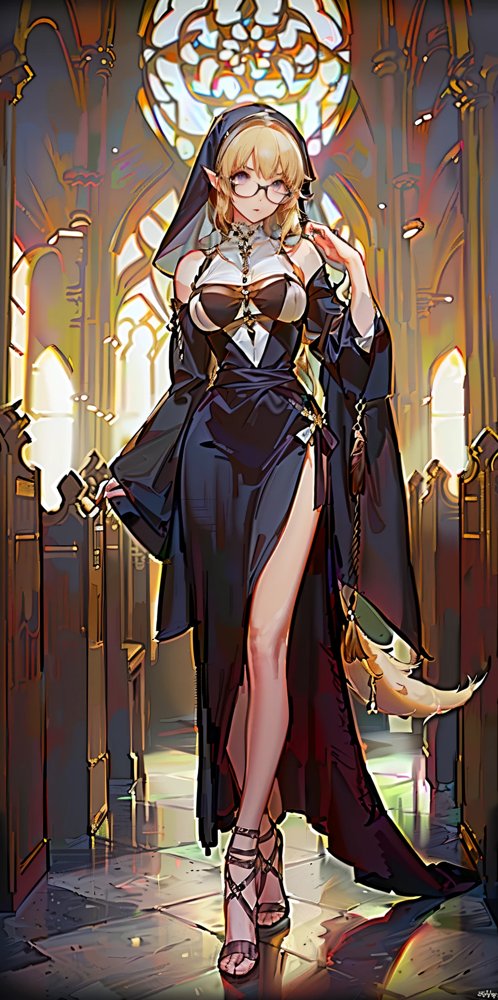 by oda non by yogisya, a very skinny girl, cathedral, Nun, Tunic, Veil, Habit, robe, blonde hair, sexy, purple eyes, fox ears, fox tails, glasses, detailed background, complex background, twilight, soft lighting, masterpiece, best quality, high quality, highres, very detailed, high resolution, sharp, sharp image, 8k, vivid, colorful, stunning, anime, aesthetic, skinny, full body, full-body_portrait, (purple eyes), big tits, big_breasts, chocker, (((blonde hair))), (((glasses))), (((purple eyes))), csr style, Thin Waist, skinny, Anigame, high heels, praying, church, catholic, religion, 