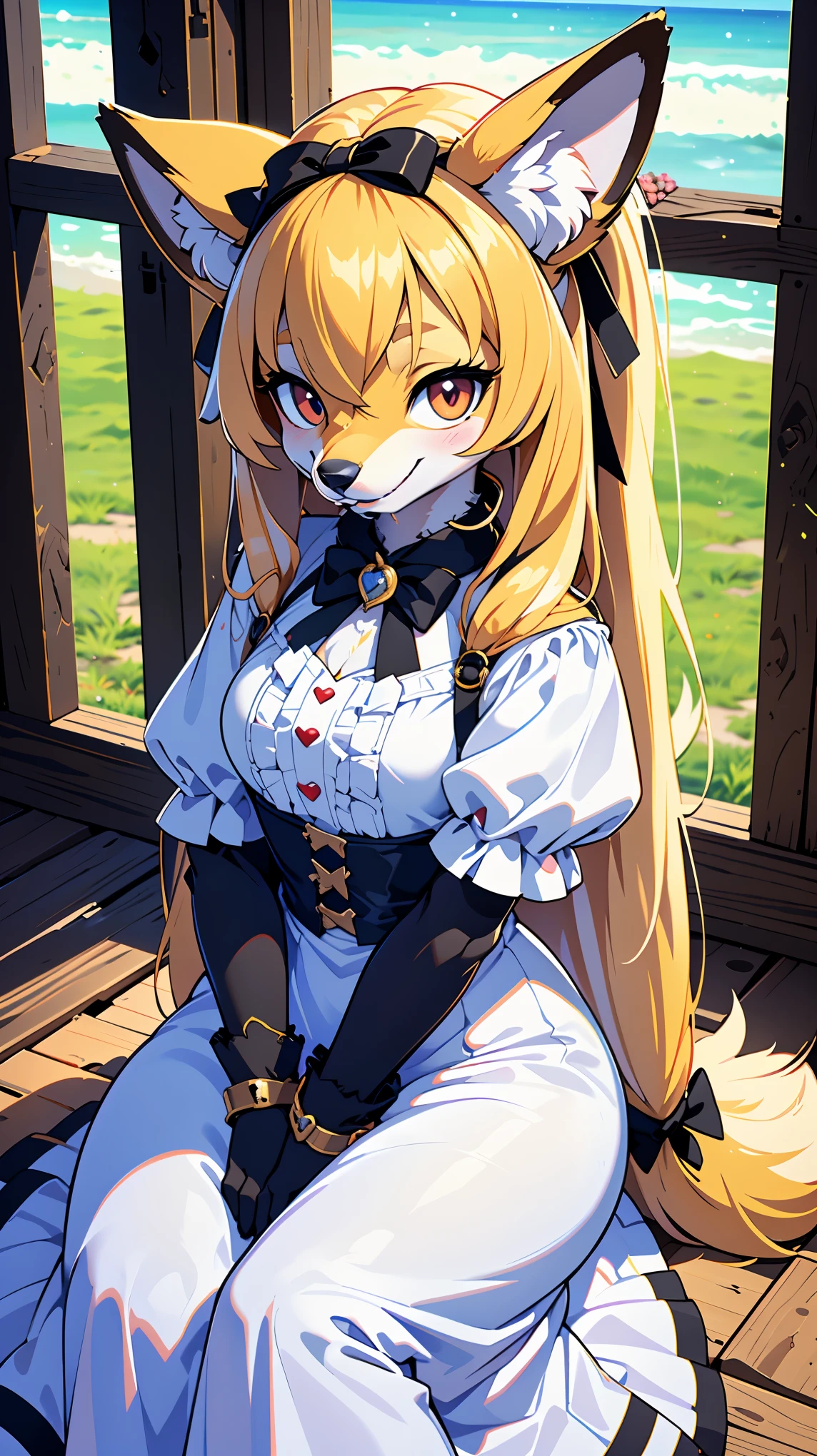 (dog tail),(spread arms),(dog paw pad),(engagement ring),(heart shaped pupils),((toddler)),nobility,(dog girl),(teen),(white long hair:1.3),fur skin,(white long dress:1.2),brown corset,steampunk,female,beautiful big lake,furry,sitting,(big black ribbon on head:1.3),(Round eyebrows),(dog ear),(wearing) Luxurious medieval fantasy outfit, (character) , (Best Quality,4k,8K,hight resolution,Masterpiece:1.2), Ultra-detailed, (Realistic,Photorealistic,photo-realistic:1.37), HDR, UHD, studio lightning, ultra-fine painting, sharp-focus, physical based rendering, extreme detail description, Professional, Vivid colors, bokeh, (em) portrai, landscape, photografic, Concept Artists (style of), (with a) vibrant color palette, (pa) soft-lighting. Jewelry,