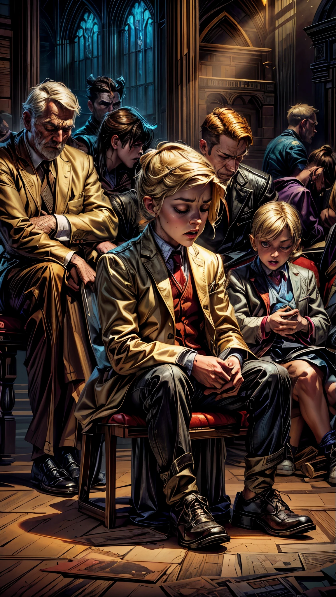 Blonde kid closed eyes and people sitting in a church together, e pic portrait of menacing, epic portrait illustration, epic ilustration, epic digital art, intense painting, powerful painting, wojtek fus, realistic fantasy art, epic game portrait, rob rey, portrait from hell, malevolent expression, horrific digital art, hyper real, hyper real ilustration