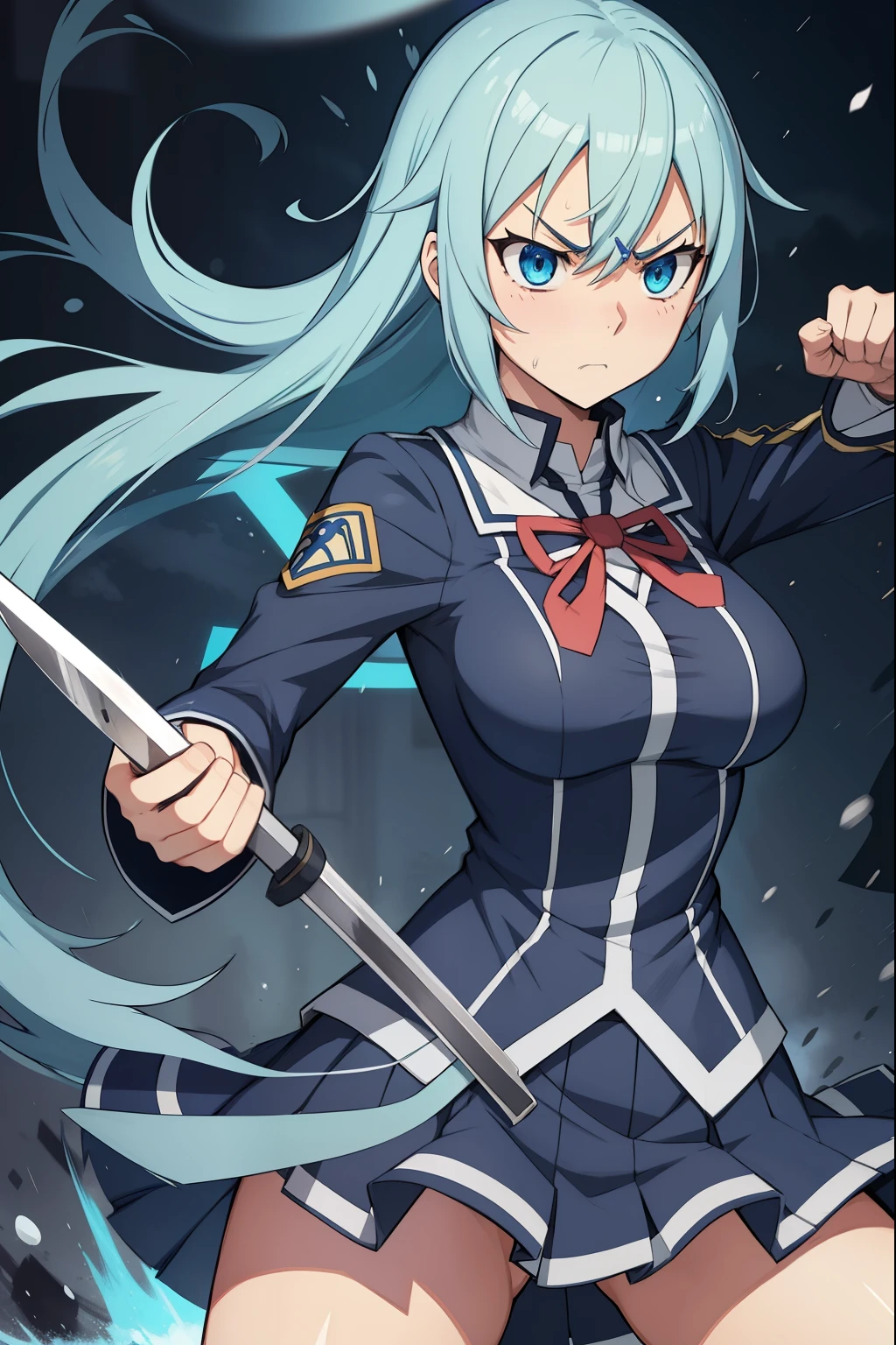 female, highschool girl, anime, blue mid length hair,aqua konosuba, infuriated,anger face, school uniform , huge scissors, action, tored uniform , dirty uniform, depression,anxiety, eye bags ,magical umbrella, classroom, dynamic pose, dynamic camera angle, high colour hue, camera is far away from aqua