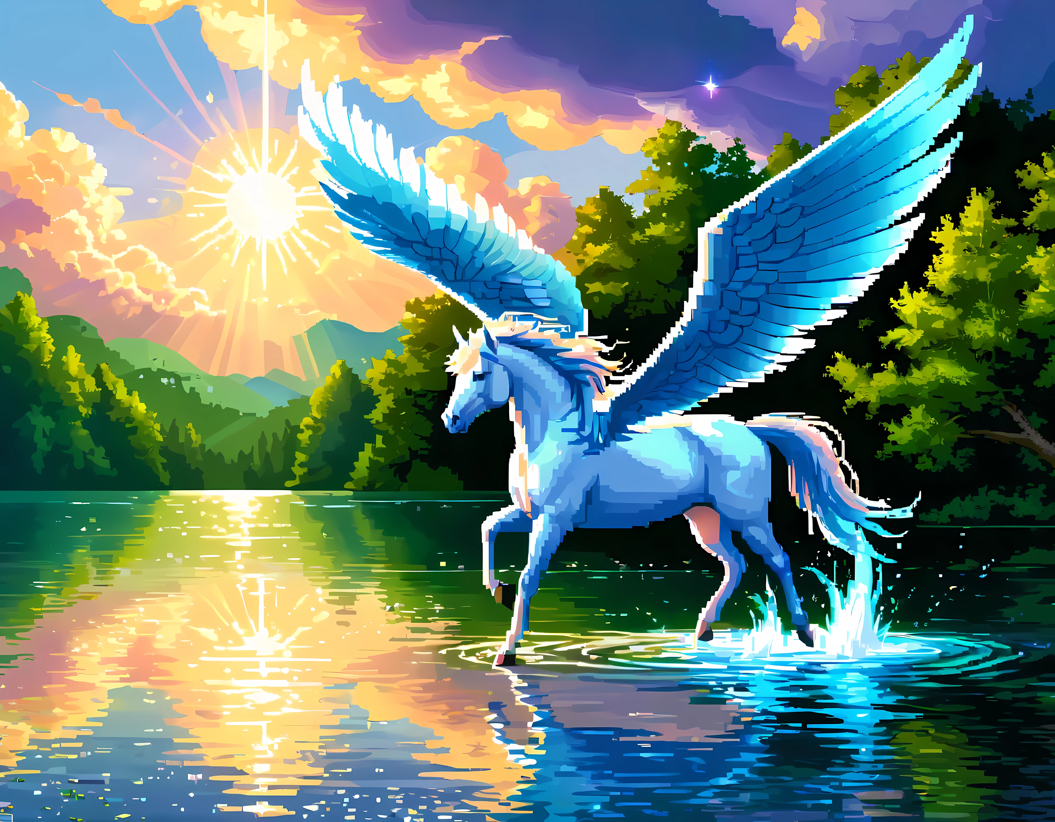 (best quality,4k,8k,highres,masterpiece:1.2),ultra-detailed,(realistic,photorealistic,photo-realistic:1.37),((pixel art):1.5), majestic pegasus, flying, above lake, beautiful landscape, magical atmosphere, vibrant colors, sparkling water, lush green trees, dreamlike clouds, serene reflection, graceful movement, sunlight peeking through the clouds, ethereal glow, detailed feathers, detailed wings, elegant creature, tranquility