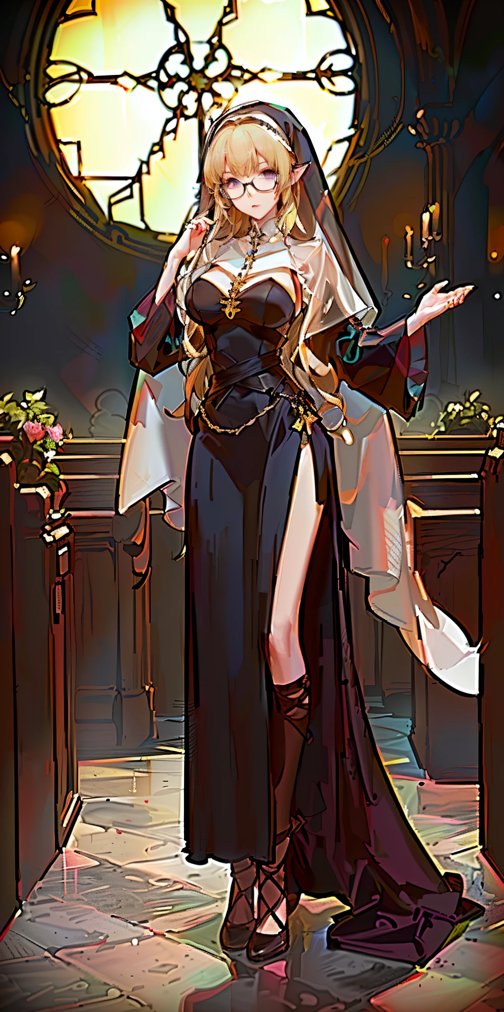 by oda non by yogisya, a very skinny girl, cathedral, Nun, Tunic, Veil, Habit, robe, blonde hair, sexy, purple eyes, fox ears, fox tails, glasses, detailed background, complex background, twilight, soft lighting, masterpiece, best quality, high quality, highres, very detailed, high resolution, sharp, sharp image, 8k, vivid, colorful, stunning, anime, aesthetic, skinny, full body, full-body_portrait, (purple eyes), big tits, big_breasts, chocker, (((blonde hair))), (((glasses))), (((purple eyes))), csr style, Thin Waist, skinny, Anigame, high heels, praying, church, catholic, religion, 