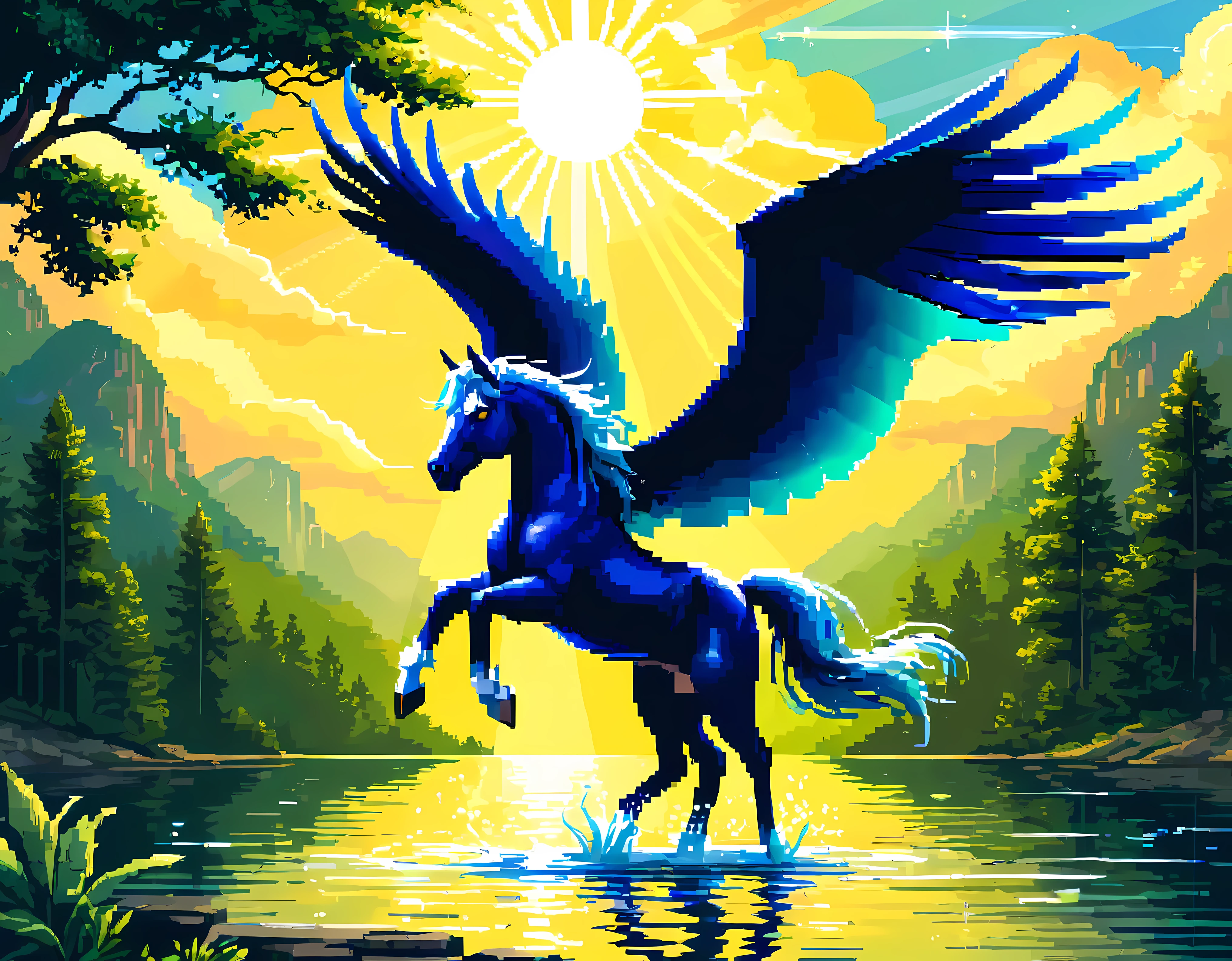 (best quality,4k,8k,highres,masterpiece:1.2),ultra-detailed,(realistic,photorealistic,photo-realistic:1.37),((pixel art):1.5), majestic pegasus, flying, above lake, beautiful landscape, magical atmosphere, vibrant colors, sparkling water, lush green trees, dreamlike clouds, serene reflection, graceful movement, sunlight peeking through the clouds, ethereal glow, detailed feathers, detailed wings, elegant creature, tranquility