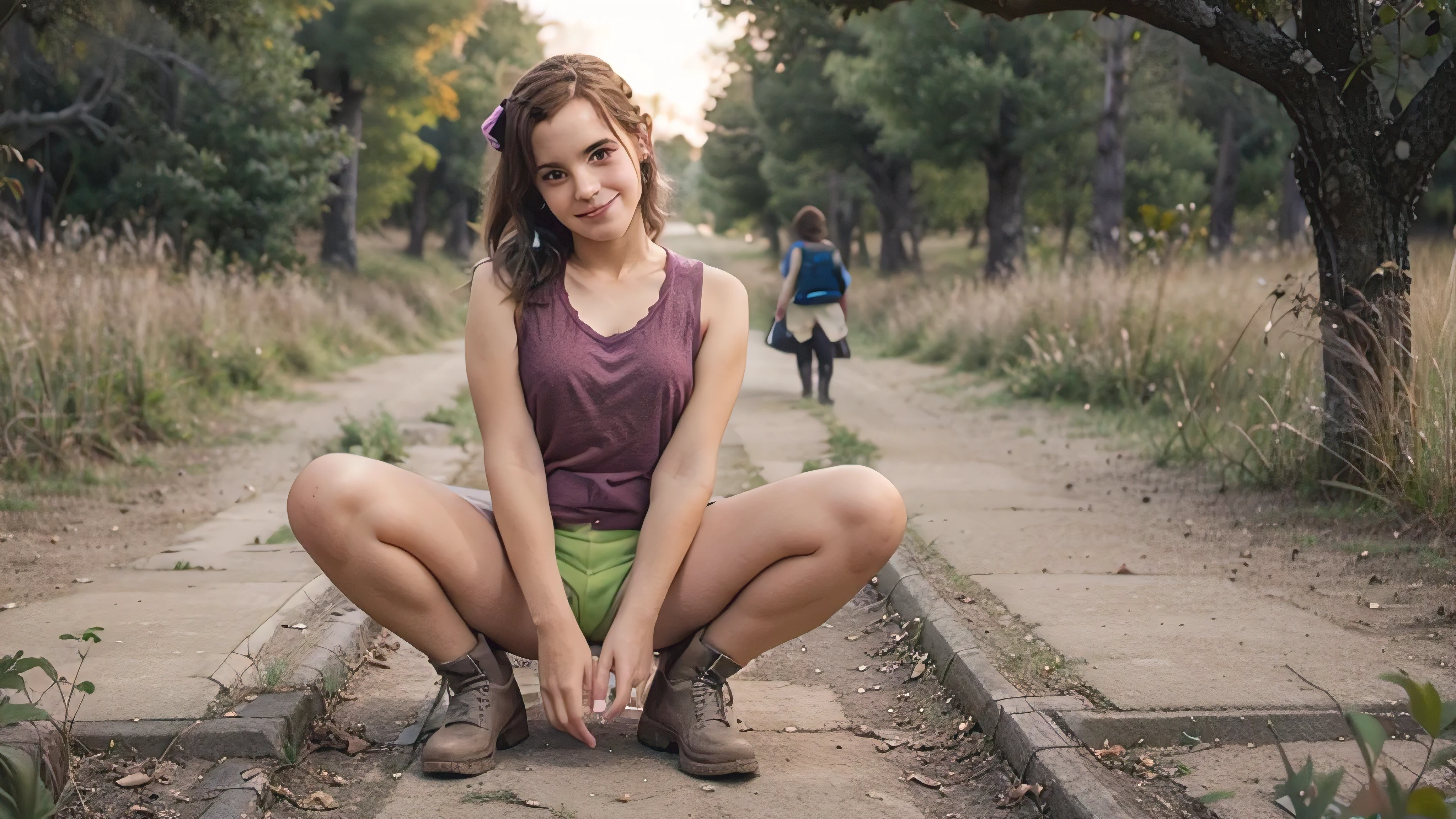 A girl in a dark hoodie, green tank top, on a dark forest path in the late evening, facing the viewer, seductive smile, waving to greet the viewer, peeing on the forest path, spread legs, cute, small, girl, brown hair, emwts, ponytail, short grey socks and brown trecking boots, full body, flat chest, purple sky