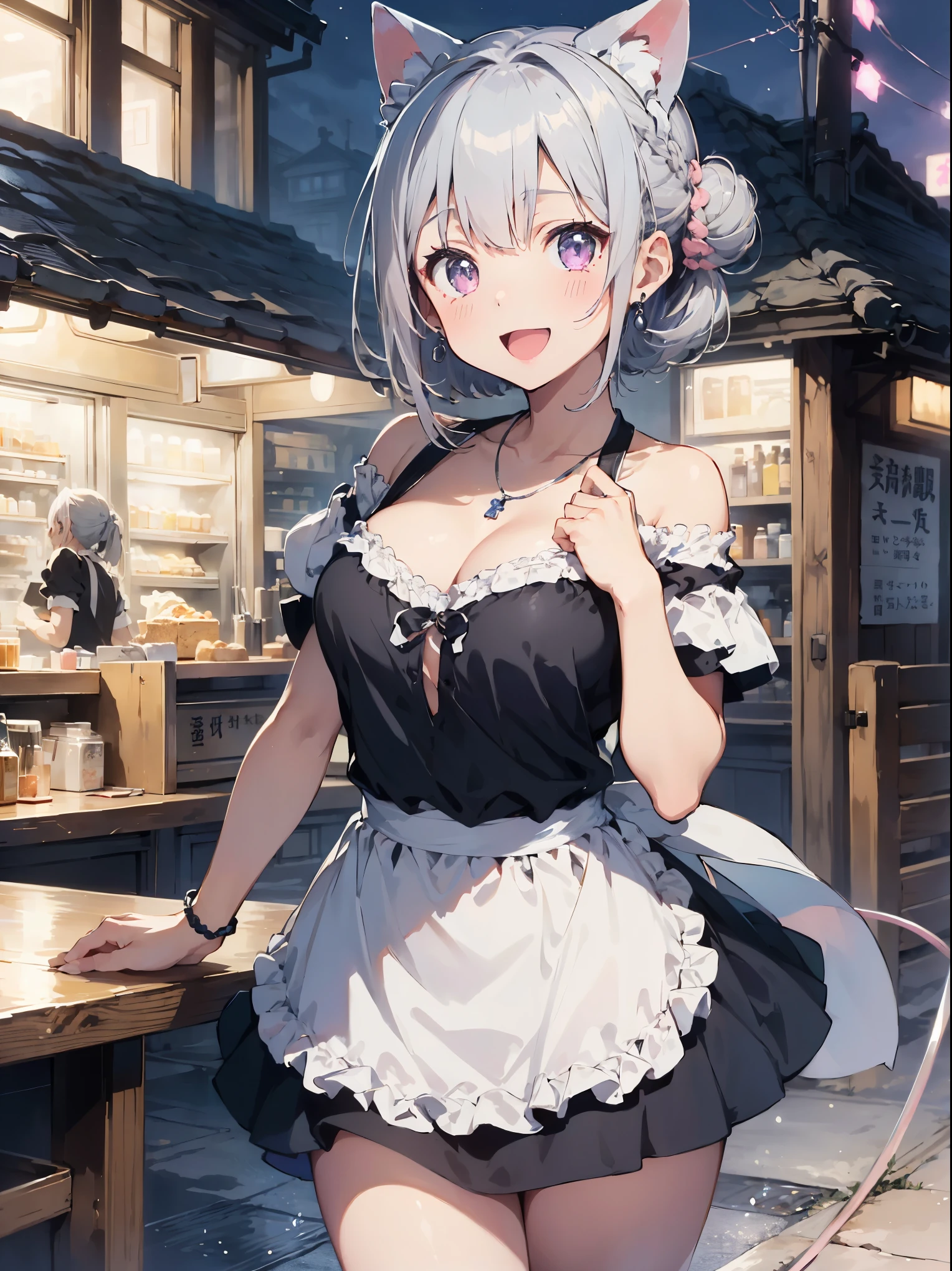 (cute illustration:1,2),(absurdes現実的な構造の詳細),(High resolution for intricate and detailed text quality),(High resolution microstructure、spring clothes、black knee high socks、High poly 3 d rendering correction),geometric method,detailed anatomy explanation,
sit、(((girl sitting)))、small cleavage、(((wear sneakers、show off your sneakers)))、((((Neat spring clothes)))
1 beautiful girl, 1girl in, (cute:1.5),(nice:0.8), (beauty:1.5),(Little:0.5), (17 years old girl), (girl, Sister, Not clear, beautiful face of japan:1.2) BREAK, (detailed eye,Tree eyes:1.2),(silver hair,long hair tied up in a bun,deco:1.8), Star eyes silhouette thick eyelashes, double eyelid:1.2), cleavage, ,swaying breasts, beautiful skin, beautiful skin, shy, upright ,beautiful skin, beautiful skin, shy, glowing skin,(top quality face),(top quality sparkling eyes),(best smile,:d:1.45), BREAK (Pink Theme:1.4), (Bright colors:1.3), A cafe with girls wearing maid outfits and cat ear headbands.,
BREAK,(evening), Are standing,closed mouth,(architecture, Cafe,cat maid,table,over the counter,working cat ear maid,Menu on the table:1.55), waterfall,depth of the bounds written,
BREAK,Seaweed,Seaweed,Seaweed,(dynamic angle:1.4),
BREAK,(blurred background:1.3),(absurdes, High resolution, super detail art),cel shading,clear color, lonely optical effect, beautiful photo, bright shine, mysterious atmosphere,(Close-up of girl:1.1), mysterious light particle effect,Manga influence, beautiful line drawing,