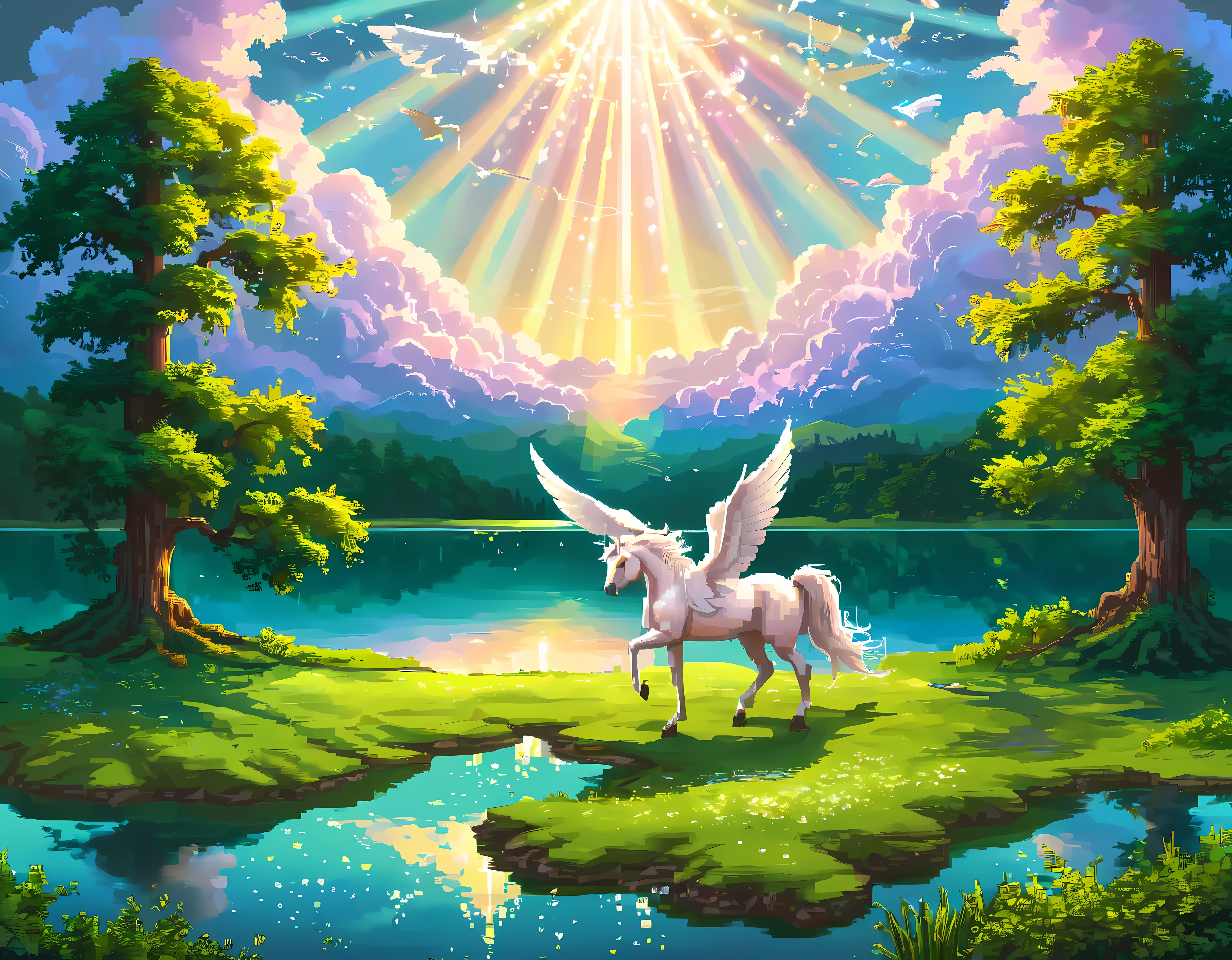 (best quality,4k,8k,highres,masterpiece:1.2),ultra-detailed,(realistic,photorealistic,photo-realistic:1.37),((pixel art):1.5), majestic pegasus, flying, above lake, beautiful landscape, magical atmosphere, vibrant colors, sparkling water, lush green trees, dreamlike clouds, serene reflection, graceful movement, sunlight peeking through the clouds, ethereal glow, detailed feathers, detailed wings, elegant creature, tranquility