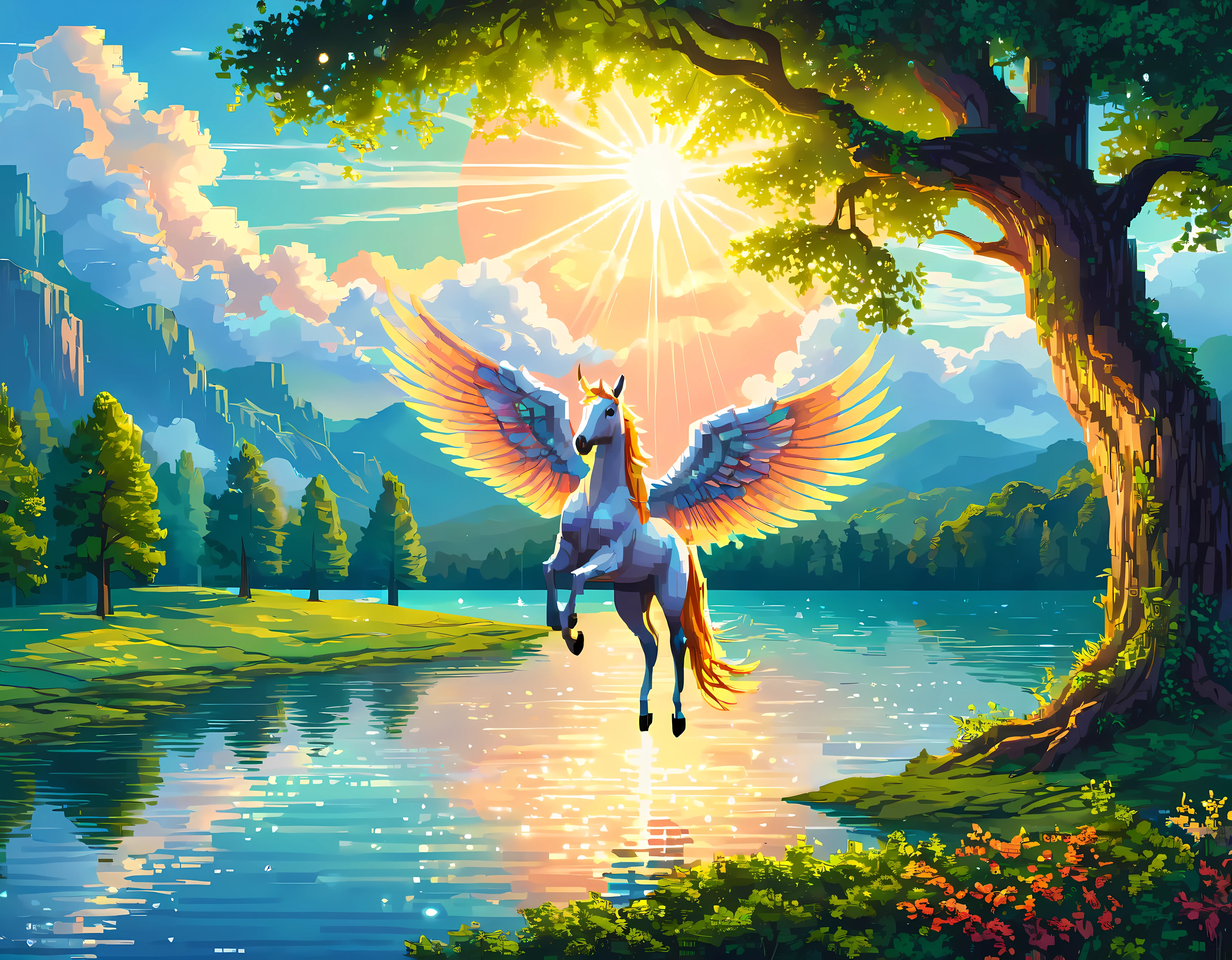 (best quality,4k,8k,highres,masterpiece:1.2),ultra-detailed,(realistic,photorealistic,photo-realistic:1.37),((pixel art):1.5), majestic pegasus, flying, above lake, beautiful landscape, magical atmosphere, vibrant colors, sparkling water, lush green trees, dreamlike clouds, serene reflection, graceful movement, sunlight peeking through the clouds, ethereal glow, detailed feathers, detailed wings, elegant creature, tranquility