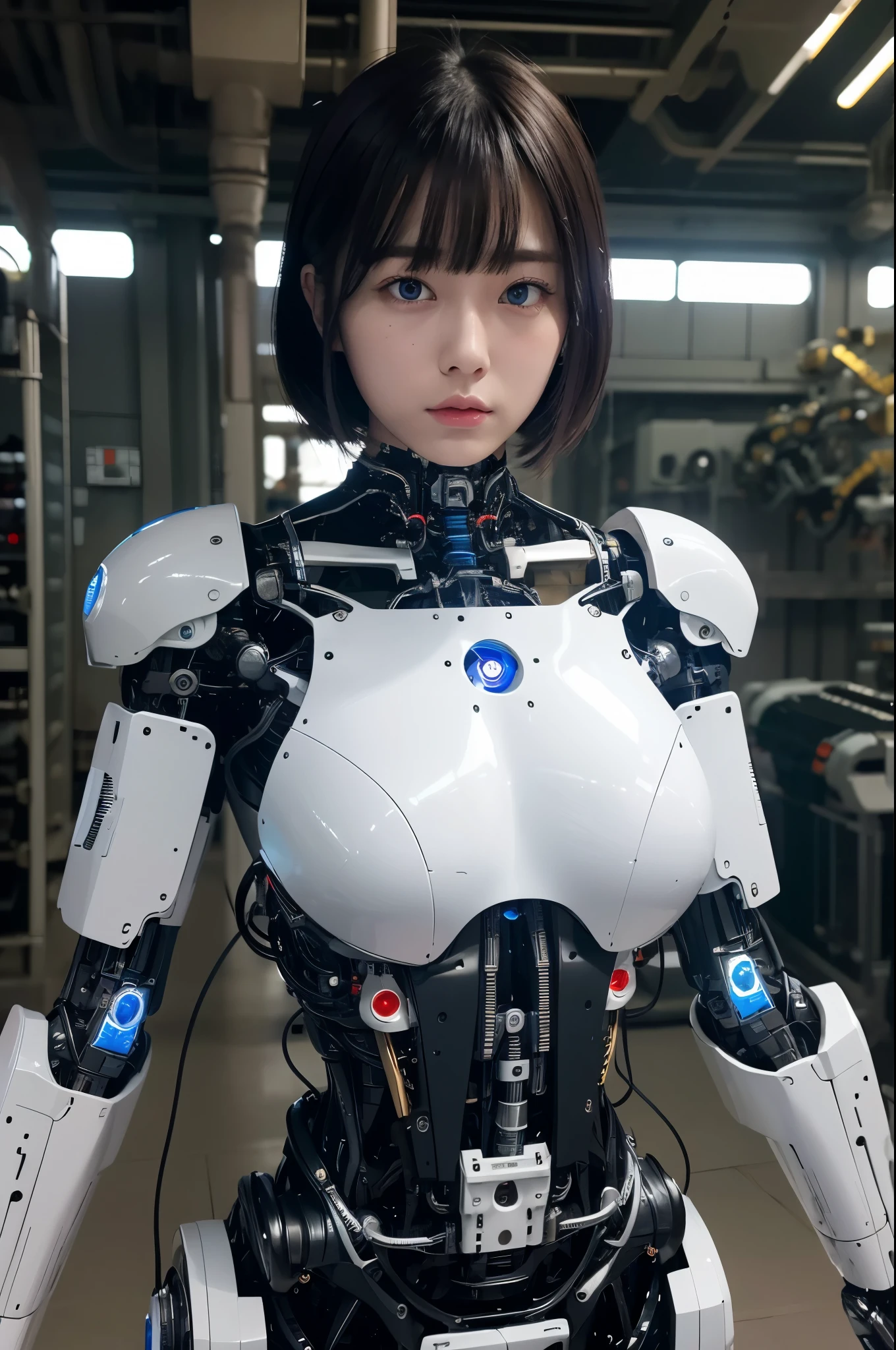 masterpiece, best quality, extremely detailed,8k portrait,Japaese android girl,Plump , control panels,android,Droid,Mechanical Hand, Robot arms and legs, Black hair,Blunt bangs,perfect robot girl,long tube,thick cable connected her neck,android,robot,humanoid,cyborg,japanese cyborg girl ,robot-assembly plant,She has assembled now,assembly scene,white robot body,blue eyes, 