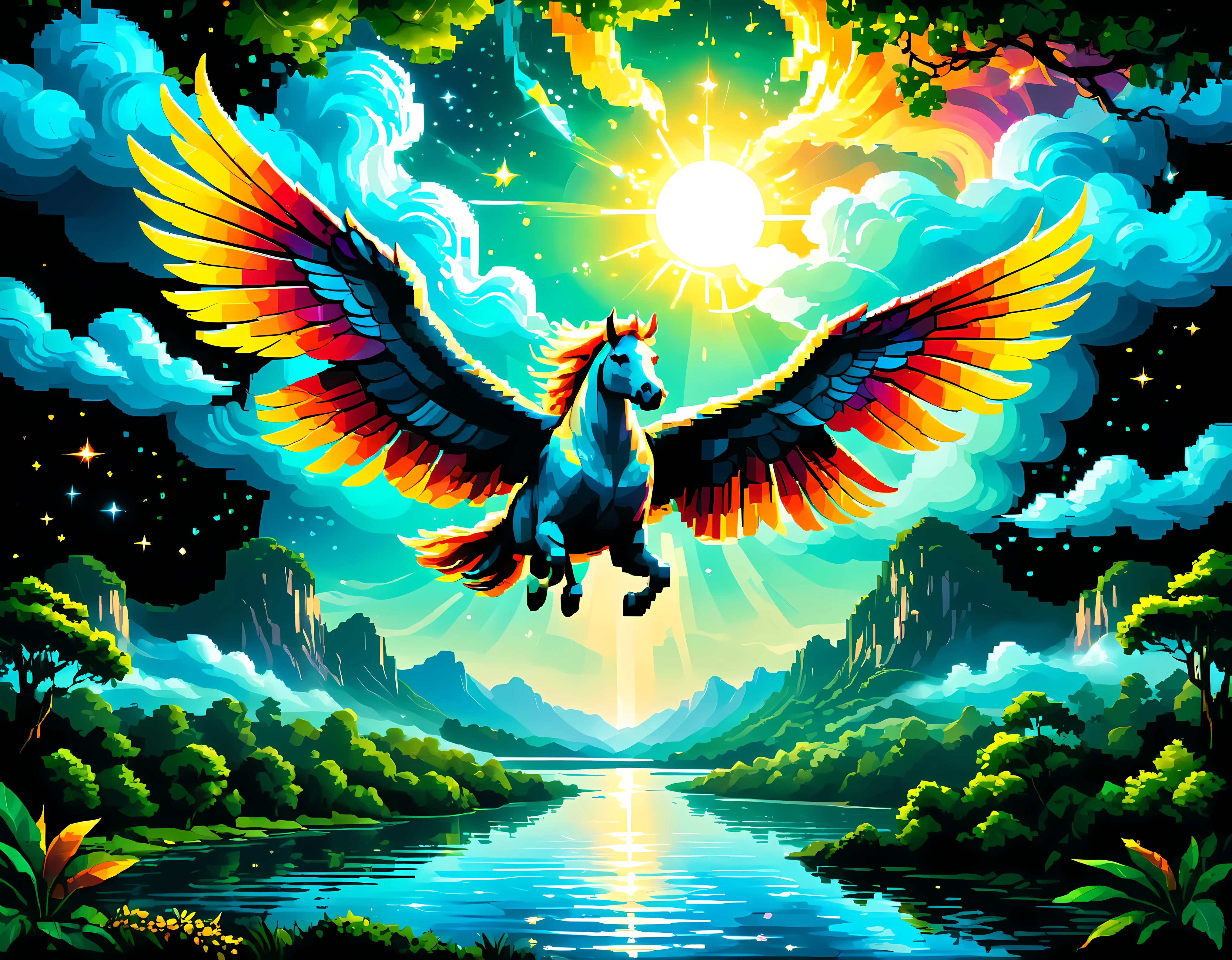 (best quality,4k,8k,highres,masterpiece:1.2),ultra-detailed,(realistic,photorealistic,photo-realistic:1.37),((pixel art):1.5), majestic pegasus, flying, above lake, beautiful landscape, magical atmosphere, vibrant colors, sparkling water, lush green trees, dreamlike clouds, serene reflection, graceful movement, sunlight peeking through the clouds, ethereal glow, detailed feathers, detailed wings, elegant creature, tranquility
