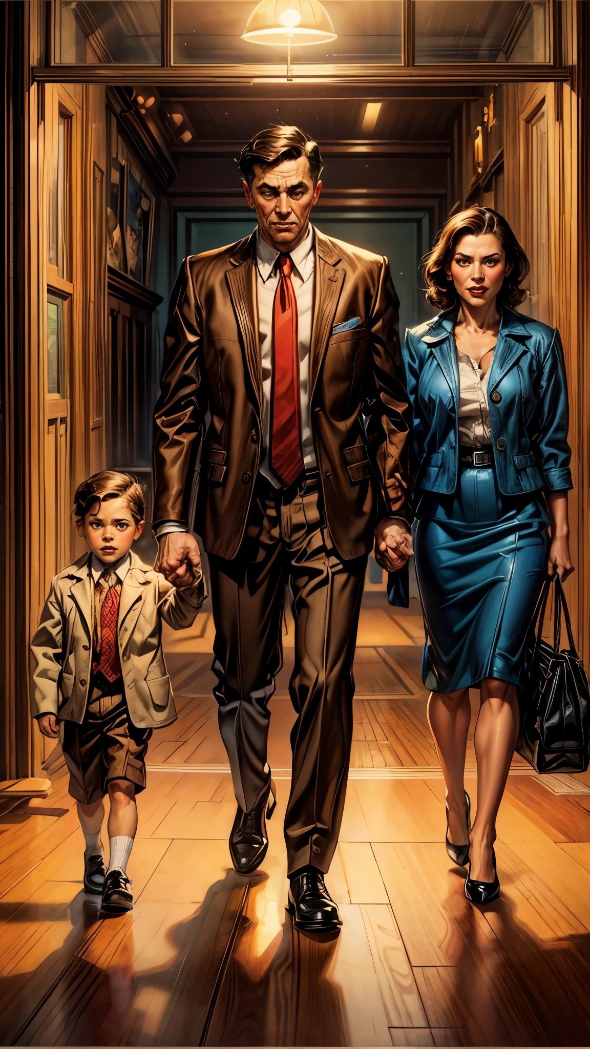 painting of a man and woman walking with a in a hallway, inspired by Art Frahm, 1950s family, norman rockwell ross tran, by mads berg, kenton nelson, movie artwork, in style of norman rockwell, well - dressed, 1950s illustration style, inspired by Joe Shuster, husband wife and son, norman rockwell style, e pic portrait of menacing, epic portrait illustration, epic ilustration, epic digital art, intense painting, powerful painting, wojtek fus, realistic fantasy art, epic game portrait, rob rey, portrait from hell, malevolent expression, horrific digital art, hyper real, hyper real ilustration