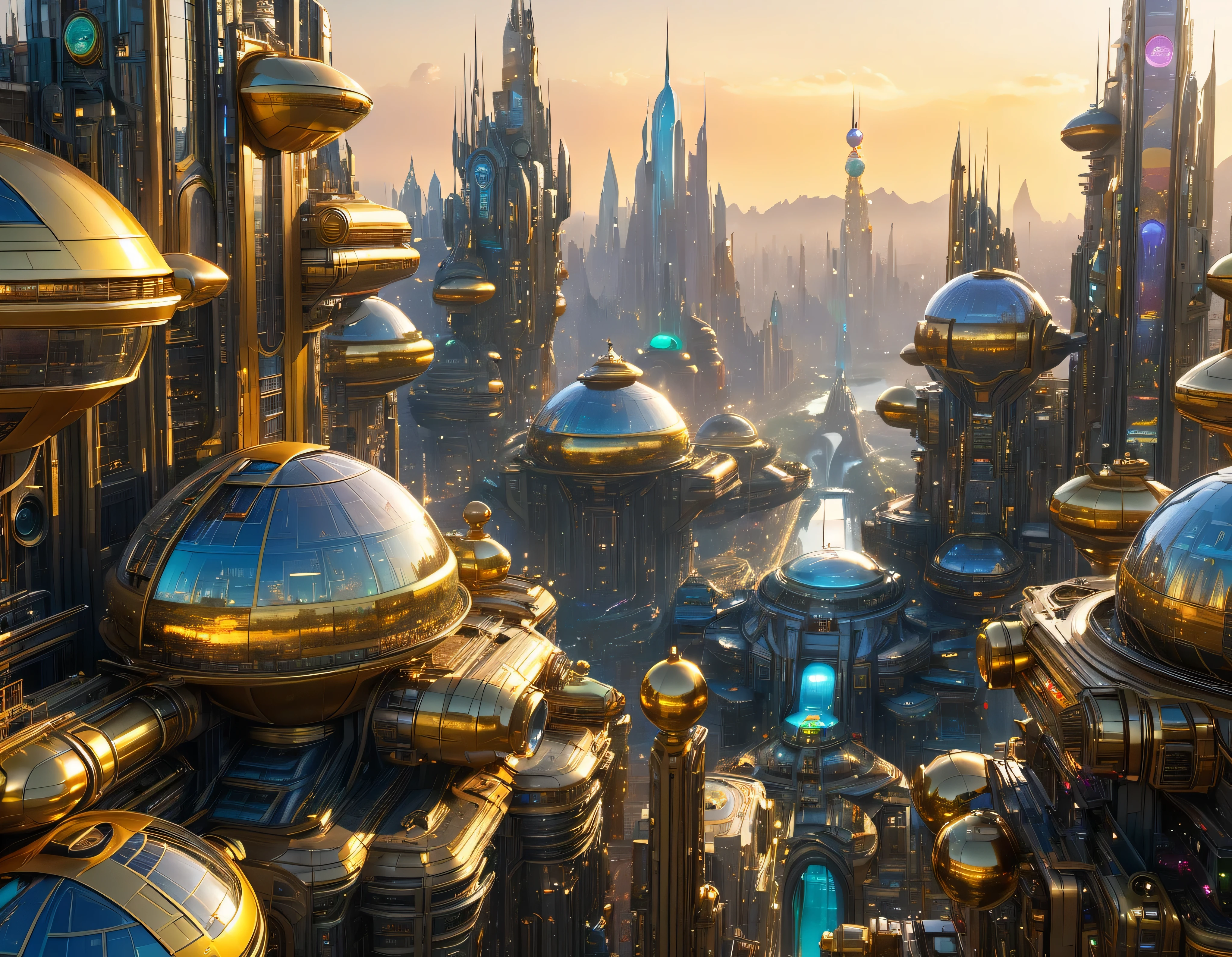 (golden hour lighting), megacity, megalopolis of an imaginary world of science fiction , parecido a una disneylandia futurista, and maximum fantasy, con inmensos edificios y rascacielos ovalados y dodecaedricos agrupados de metal y cristal donde predomina el oro y los anuncios luminosos de colores. imagen bien definida 8k, (intrincados detalles de la maquina), con muchos edificios juntos.(obra maestra de superior calidad).(imagen fotorrealista), nitidez absoluta hasta el fondo