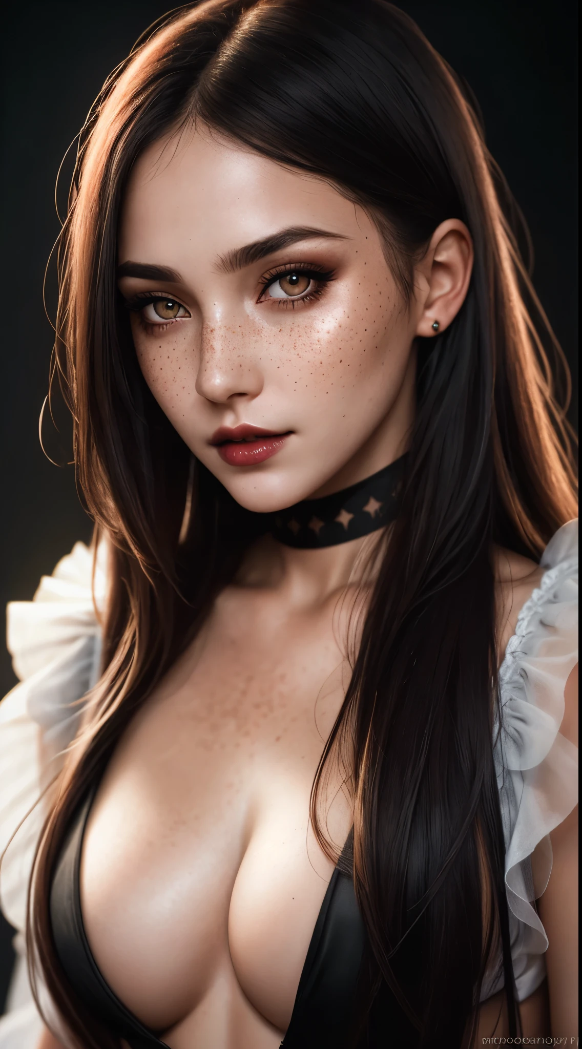 (UHD, high res, 16k), (eye candy, beautiful detailed blue eyes, beautiful detailed lips, extremely detailed eyes and face), sexy pouty lips, studio lighting, physically-based rendering, vivid colors, (gigantic breasts:1.5), ((Special clothes44,lace trim,midriff,shirt,miniskirt,)), cleavage, (perfect body), (hourglass body shape), narrow waist, wide hips, ((medium shot)), (curled shiny red hair, side swept bangs, shiny skin, blush), eye reflection, dark atmosphere, highly detailed skin texture, extreme details, perfect breast, tanned skin, freckles, flush skin, ultra detailed skin texture, soft lights, dark skin, (bokeh), retina, masterpiece, accurate, anatomically correct, textured skin, super detail, high details, high quality, best quality, 1080P, HD, 4K, 8k, UHD, award winning,