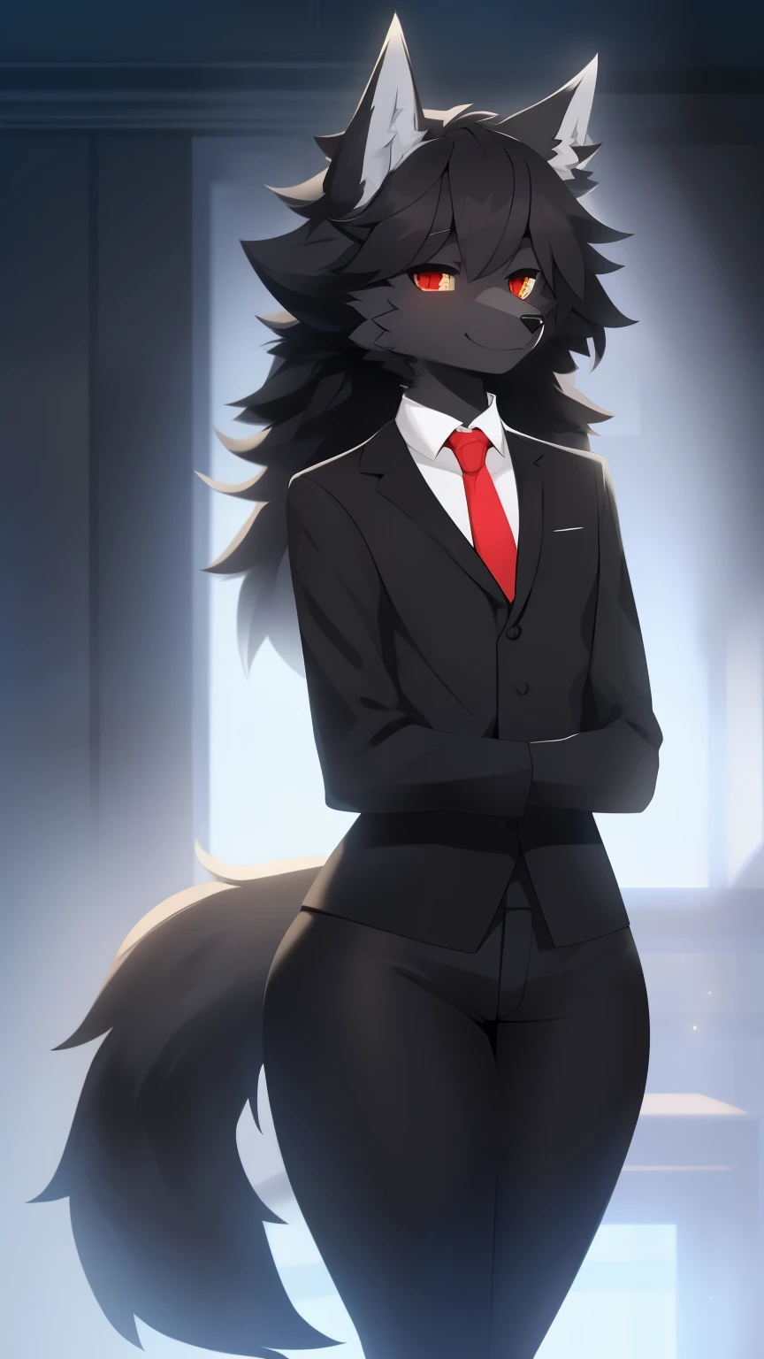 Best quality, Super detailed illustration, (fluffy wolf boy:1.4), (matte black fur color:1.4), disheveled thick hair, dressed in a black coat, tie, black pants , shy smile, small hips, thick thighs, Slim, Perfect body, long demon tail, 