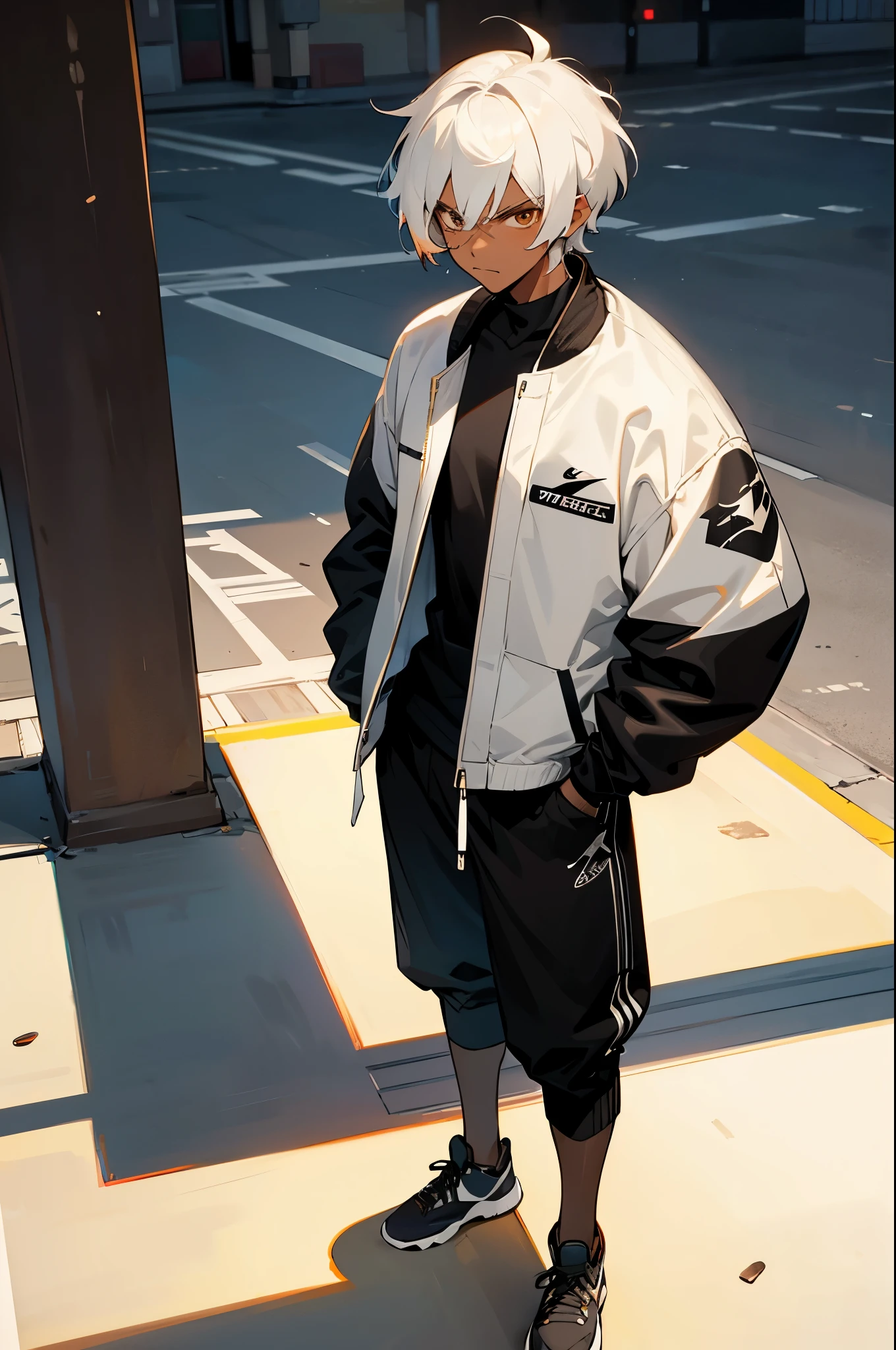 short hair, black shirt, adult male, brown eyes, morning, Two tone hair, white and white hair color, multicolored hair, street level background, caramel skin tone, blue jordans, dark skin, black nike pants, standing still, arms in pockets, muscular, looking at camera, angry, black fur jacket,
