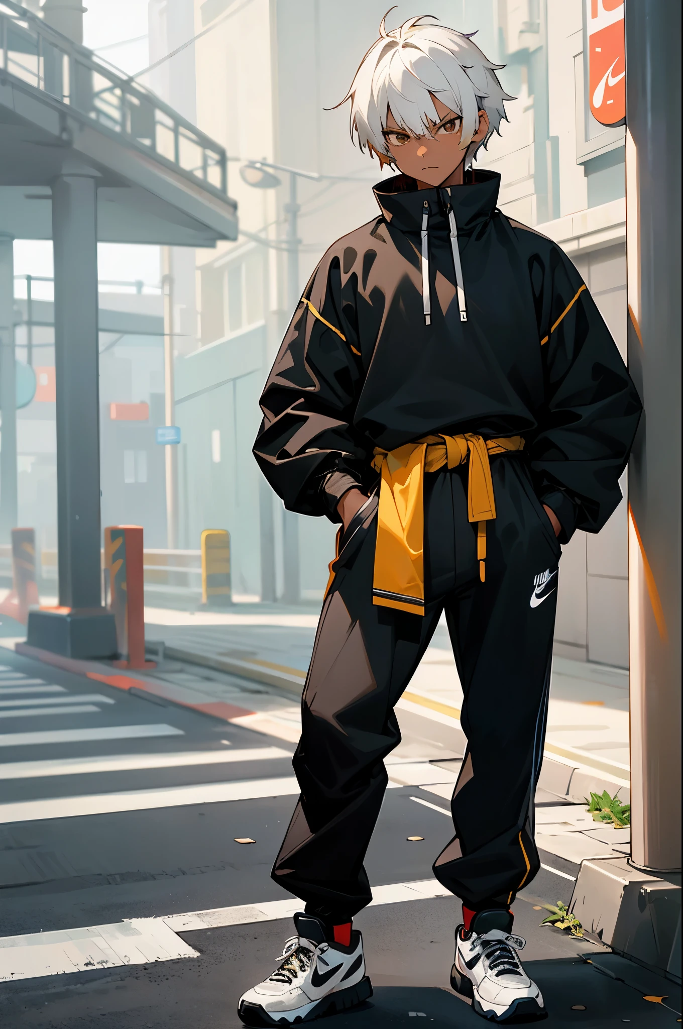 short hair, black shirt, adult male, brown eyes, morning, Two tone hair, white and white hair color, multicolored hair, street level background, caramel skin tone, blue jordans, dark skin, black nike pants, standing still, arms in pockets, muscular, looking at camera, angry, black fur jacket,
