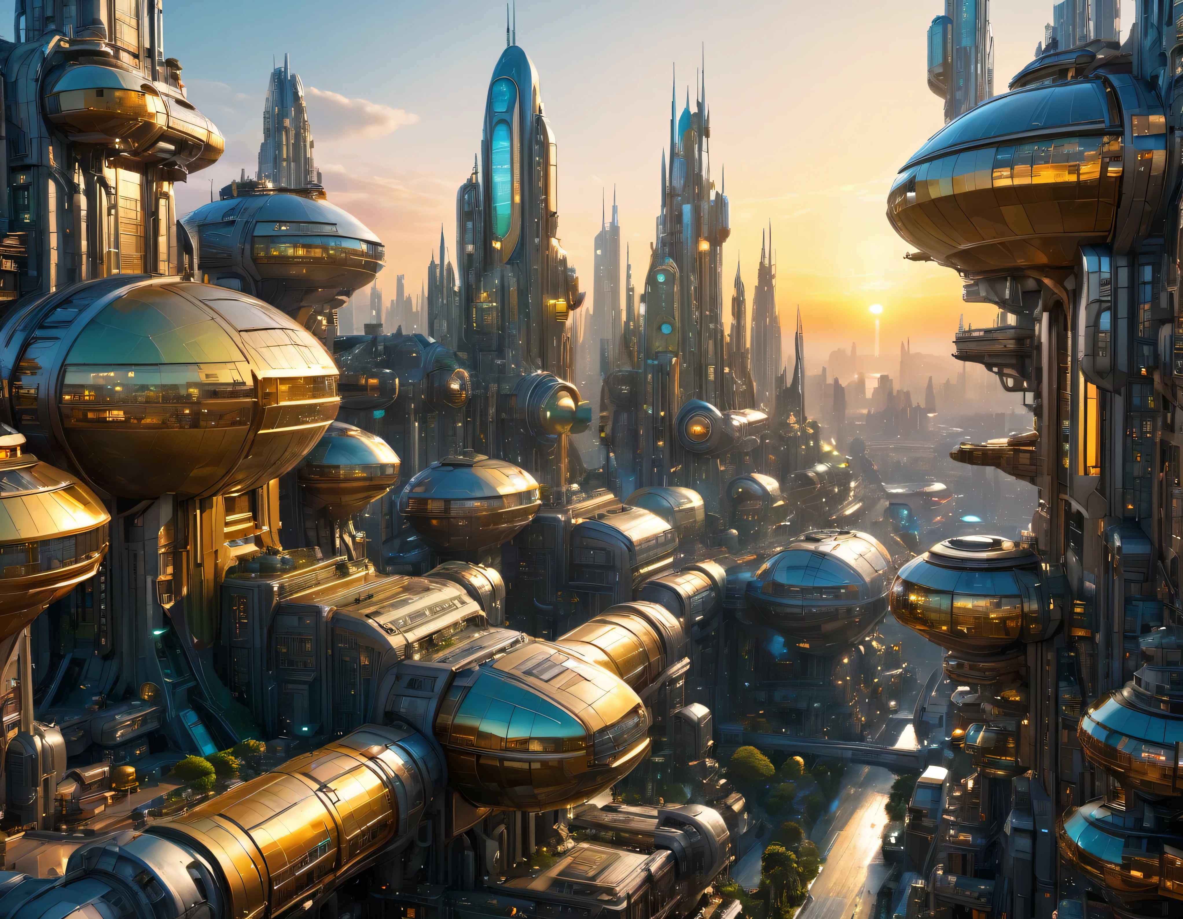 (golden hour lighting), megacity, megalopolis of an imaginary world of science fiction , parecido a una disneylandia futurista, and maximum fantasy, con inmensos edificios y rascacielos ovalados y dodecaedricos agrupados de metal y cristal donde predomina la plata y los anuncios luminosos de colores. imagen bien definida 8k, (intrincados detalles de la maquina), con muchos edificios juntos.(obra maestra de superior calidad).(imagen fotorrealista), nitidez absoluta hasta el fondo