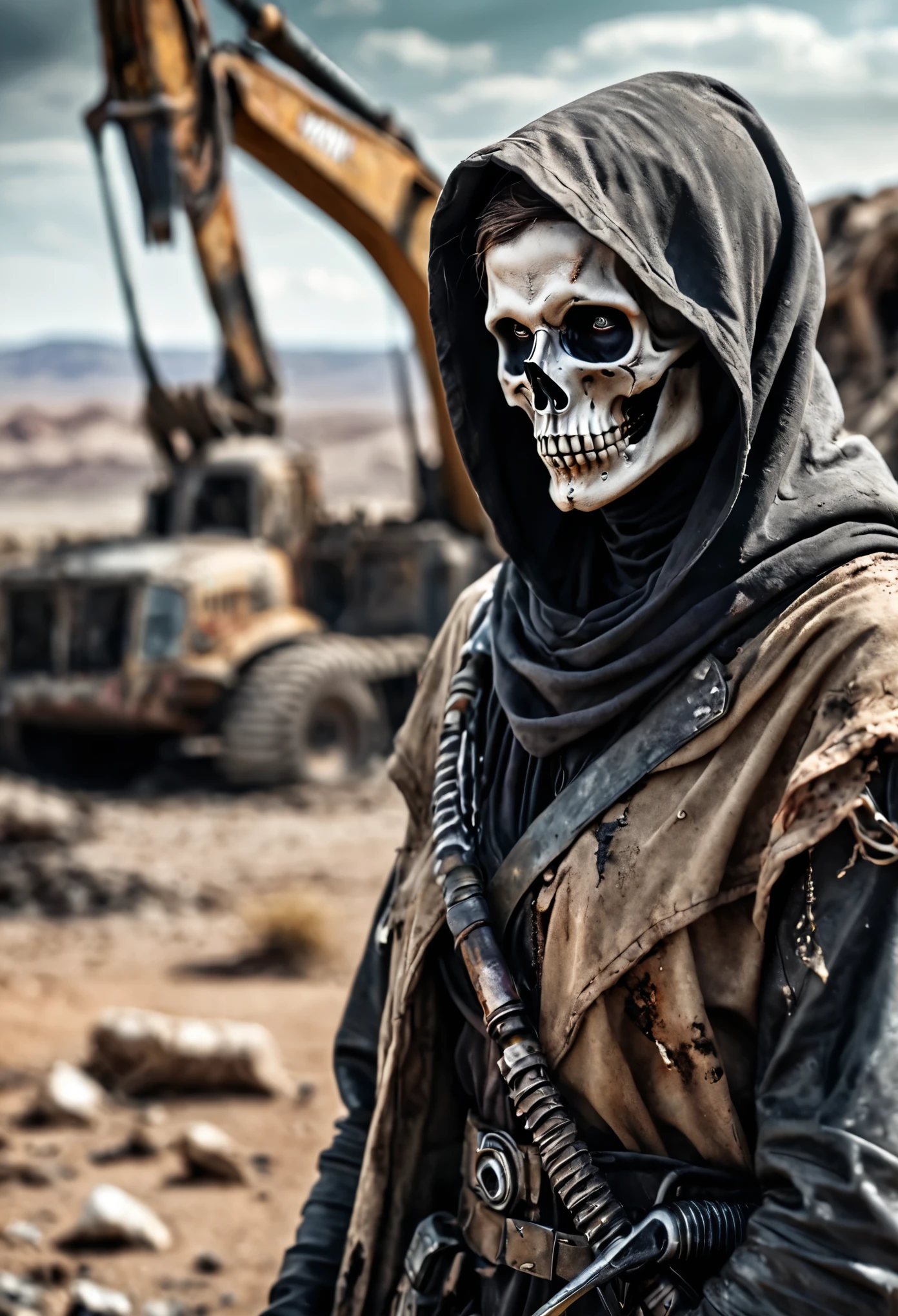 (Realistic:1.4), analog photo style, depth of  field,  Vivid colors, fragile, vulnerable, female reaper, sad, worried expression, looking away, professional photoset in post-apocalyptic style, insanely detailed, intricate wasteland  landscape background,  (((masterpiece))), top quality, 8K, ultra high resolution, high contrast, low saturation