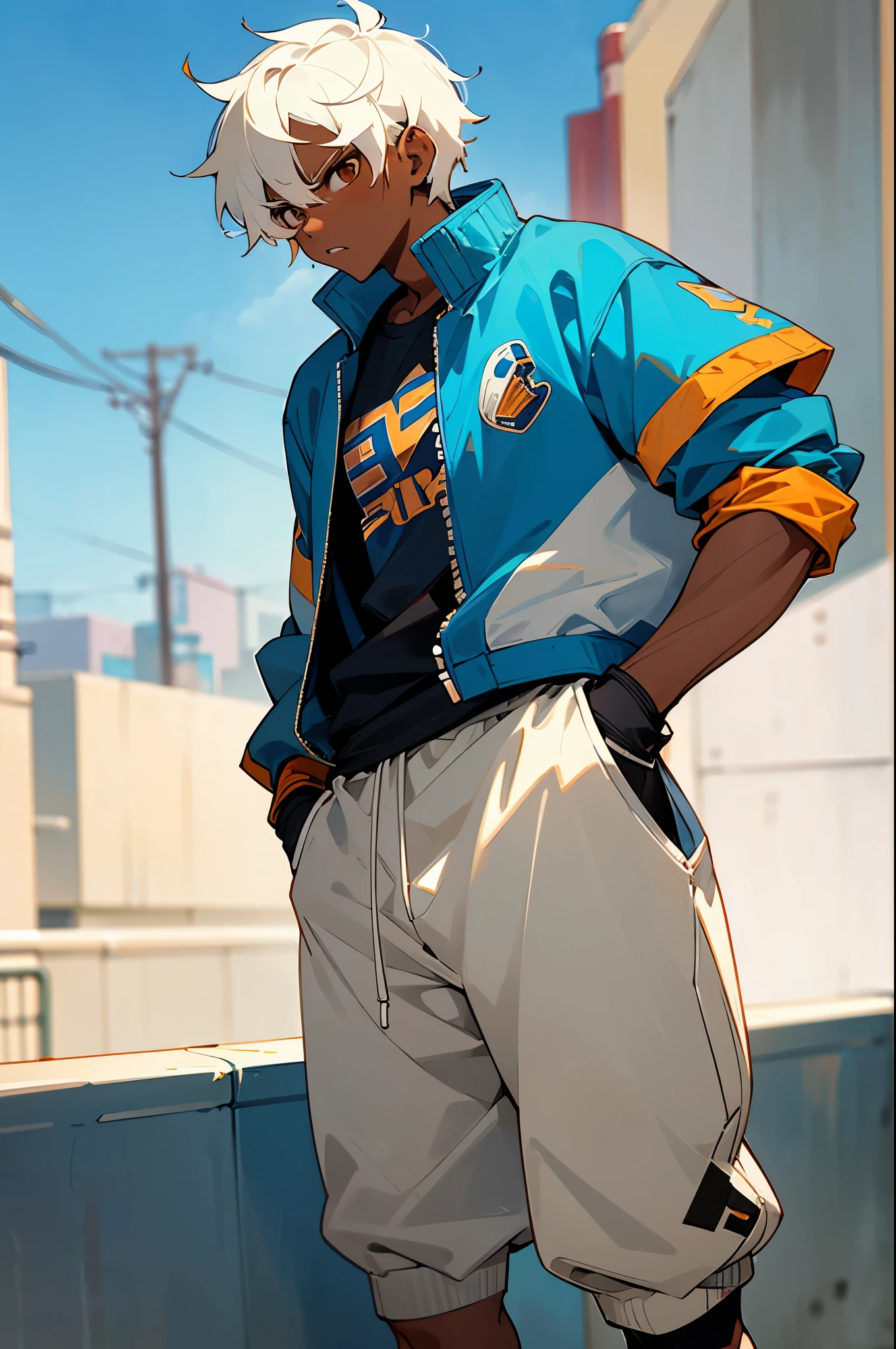 short hair, blue shirt, adult male, brown eyes, morning, Two tone hair, white and white hair color, multicolored hair, street level background, caramel skin tone, blue jordans, dark skin, basketball shorts, standing still, arms in pockets, muscular, looking at camera, angry, blue jacket,